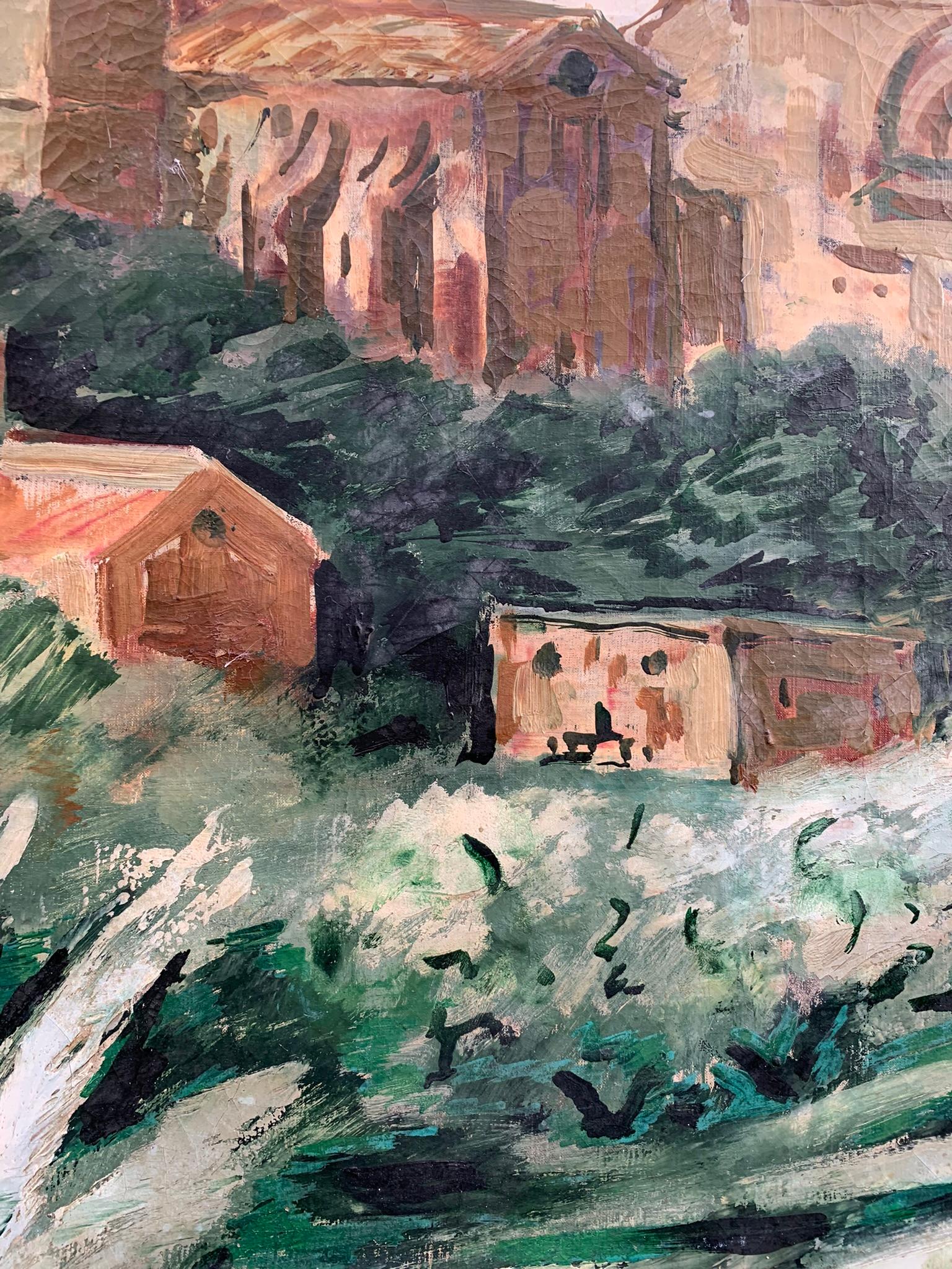 Mediterranean Landscape With Medieval Church, Towers, And Agave, Ca. 1930 in vendita 4