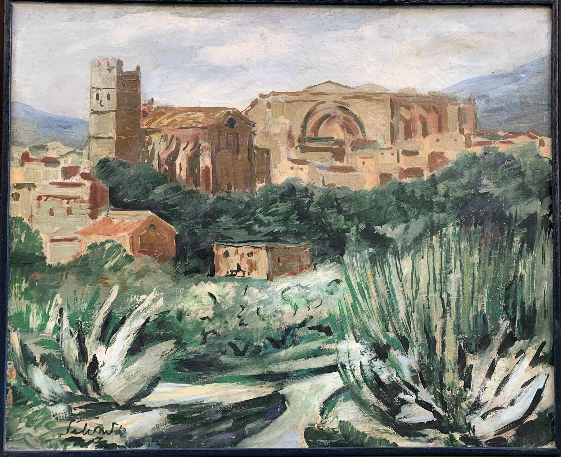 Figurative Painting di Unknown - Mediterranean Landscape With Medieval Church, Towers, And Agave, Ca. 1930