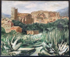 Mediterranean Landscape With Medieval Church, Towers, And Agave, Ca. 1930