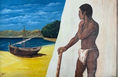 Mediterranean Male Nude by Boat Sitges School Figurative Coastal Scene oil art