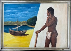 Mediterranean Male Nude by Boat Sitges School Figurative Coastal Scene oil art