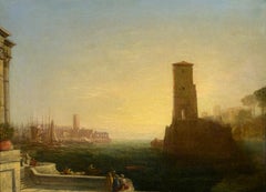 ""Mediterraneanischer Hafen", Italienischer Realismus der Schule des späten 18. Jahrhunderts, Öl auf Leinwand