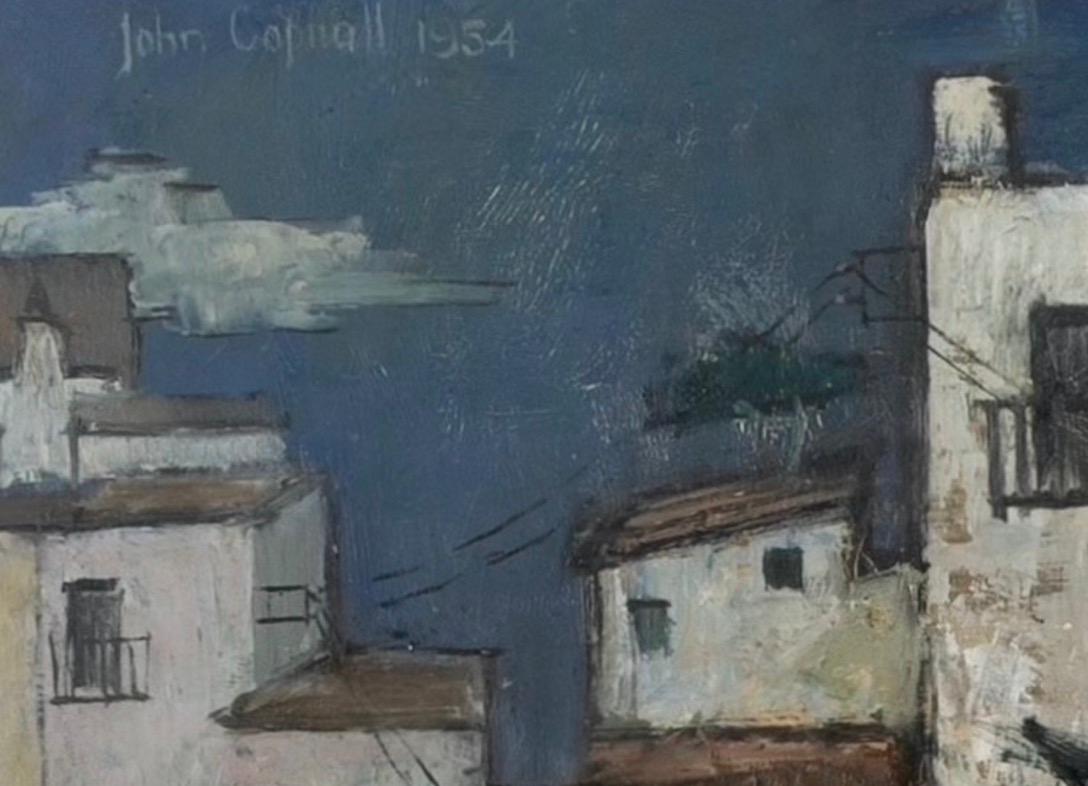 Mediterranean View Across the Rooftops, Öl auf Karton, Gemälde von John Copnall (Grau), Landscape Painting, von Unknown