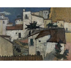 Vista sul Mediterraneo attraverso i tetti, dipinto olio su tavola di John Copnall