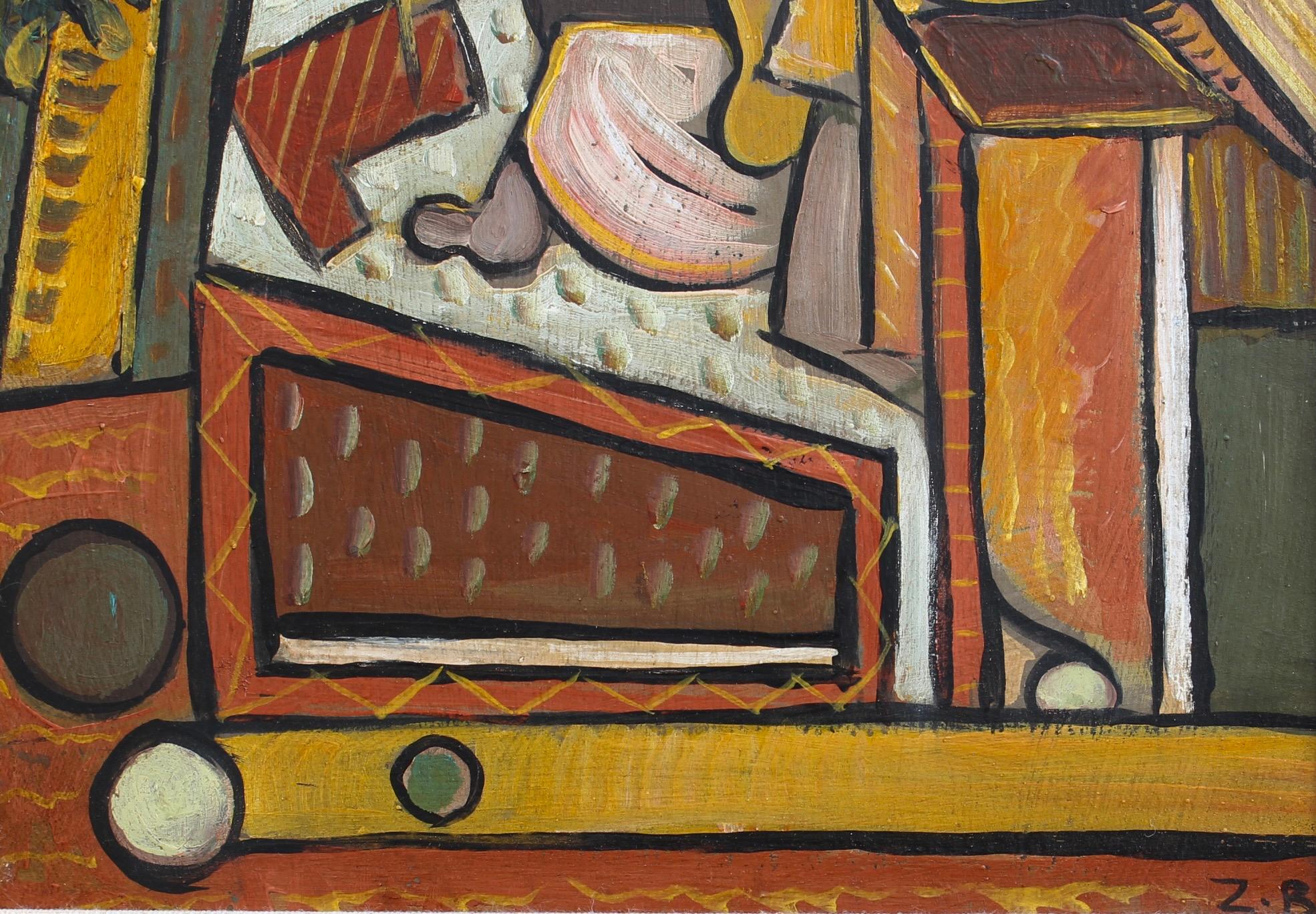 'Vista sul Mediterraneo', olio su tavola, di un artista con le iniziali 'Z. A. B.', della Scuola di Berlino (circa anni '70). Una deliziosa composizione concettuale che raffigura una vista sul Mediterraneo attraverso un lussureggiante giardino