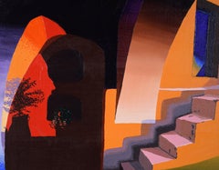 Villa mediterránea con flores - Paisaje marino al óleo sobre lienzo