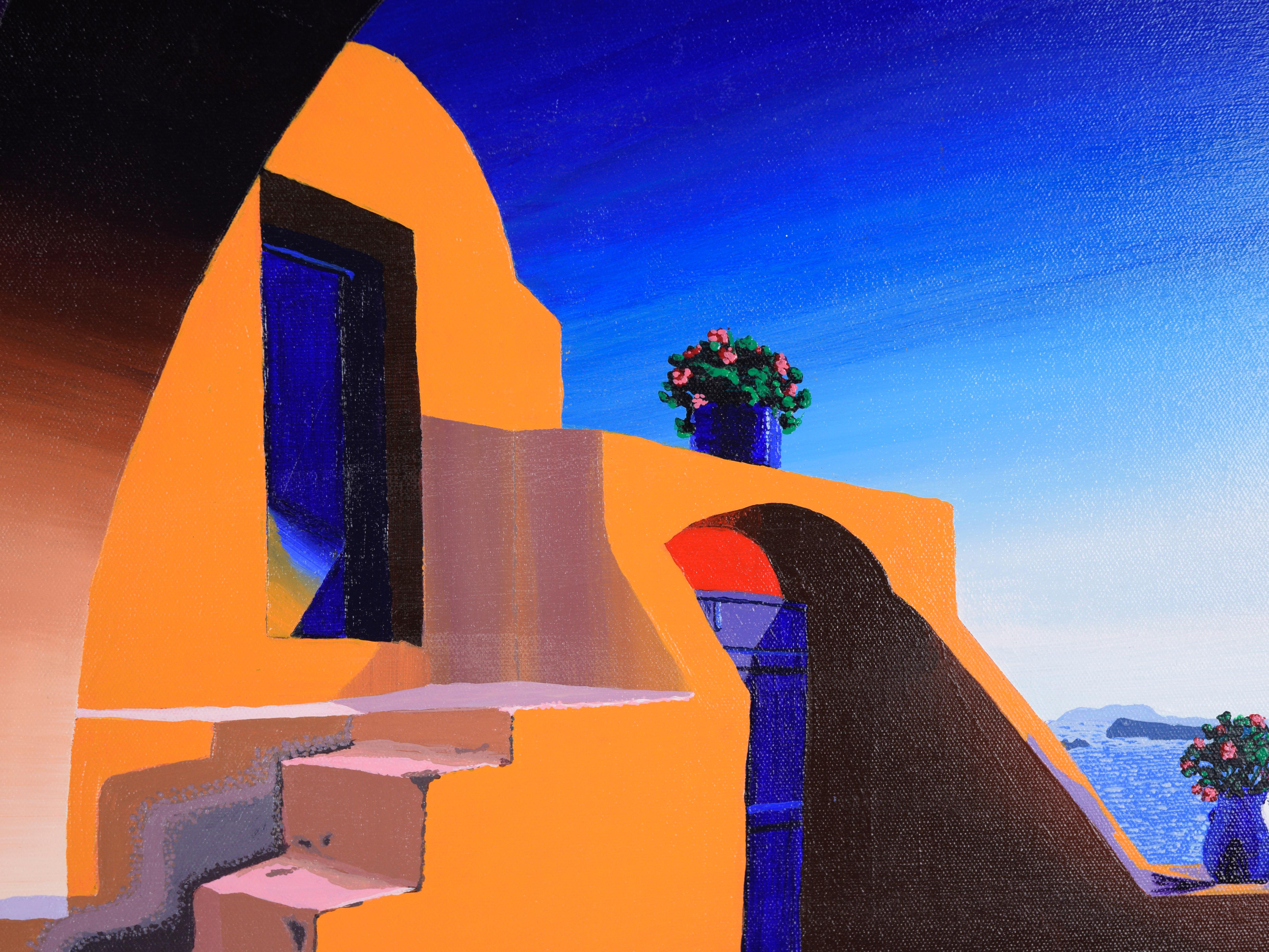Villa mediterránea con flores - Paisaje marino al óleo sobre lienzo - Painting Contemporáneo de Unknown
