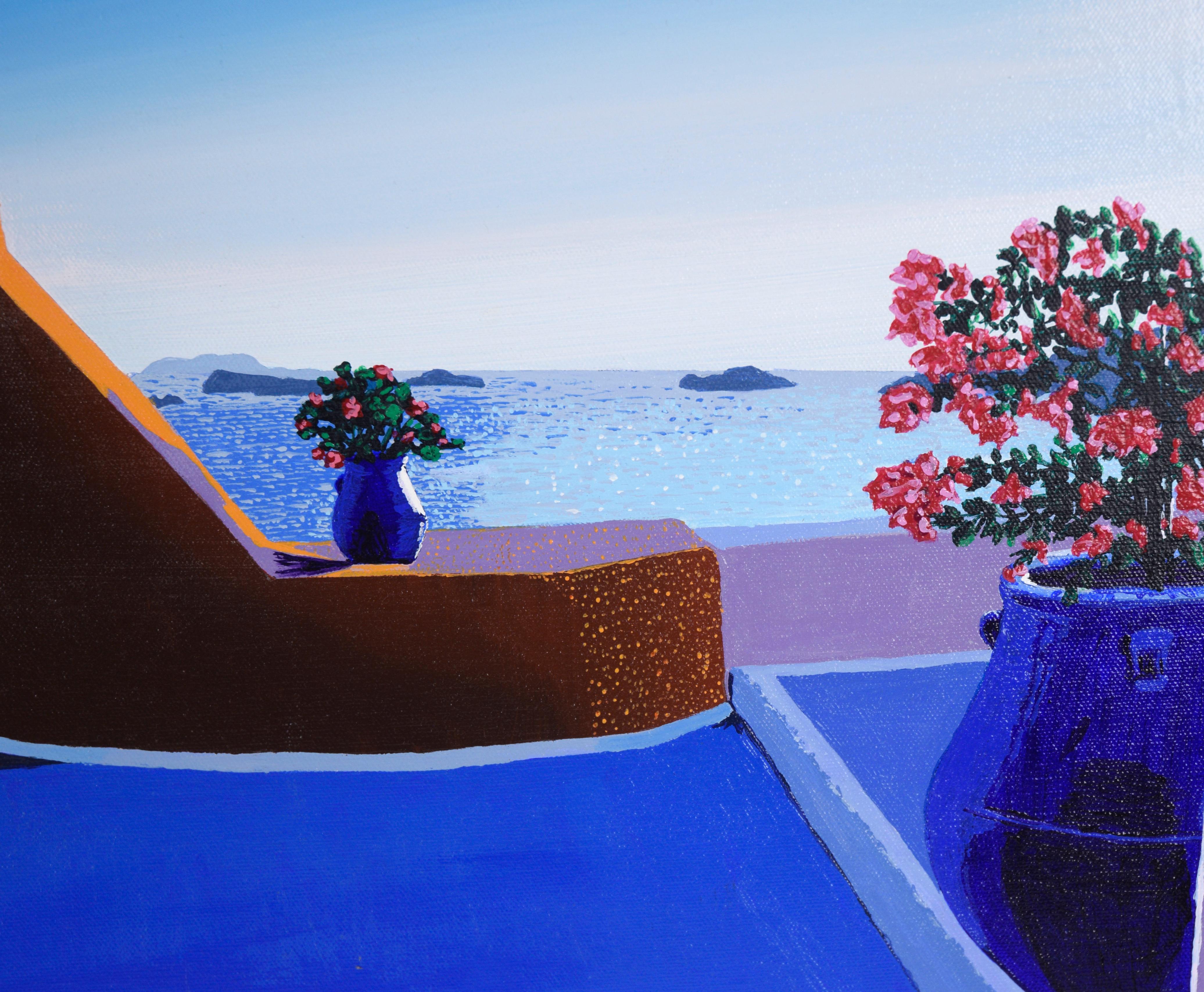 Villa mediterránea con flores - Paisaje marino al óleo sobre lienzo - Landscape Painting Púrpura de Unknown