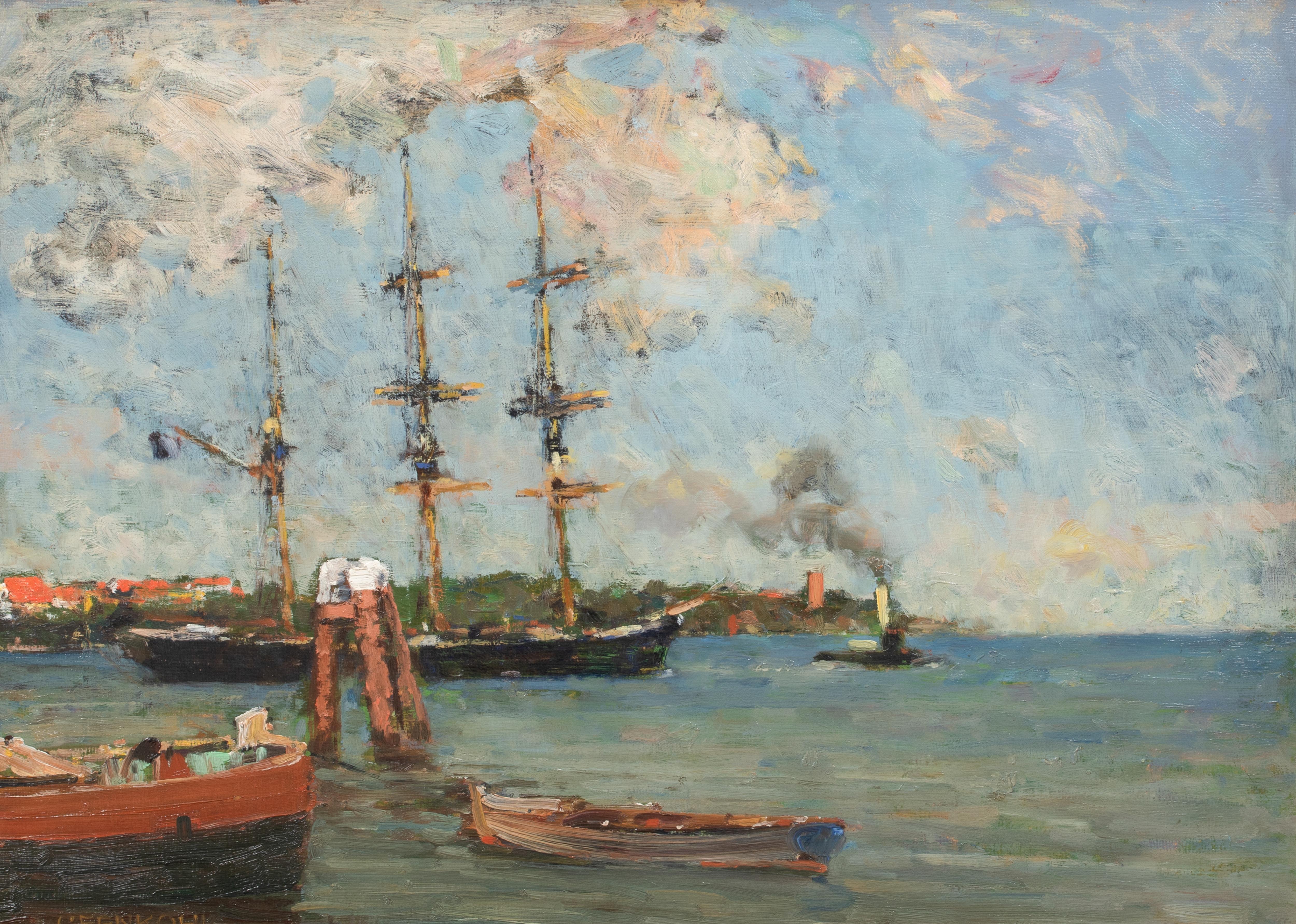 Memel Harbour, circa 1900 

Gustav Fenkohl (German, 1872-1950)

Large circa 1900 view of Memel Harbour, Lithuania, oil on canvas by Gustav Fenkohl. Excellent quality and condition impressionist study of the busy port and an early account of the