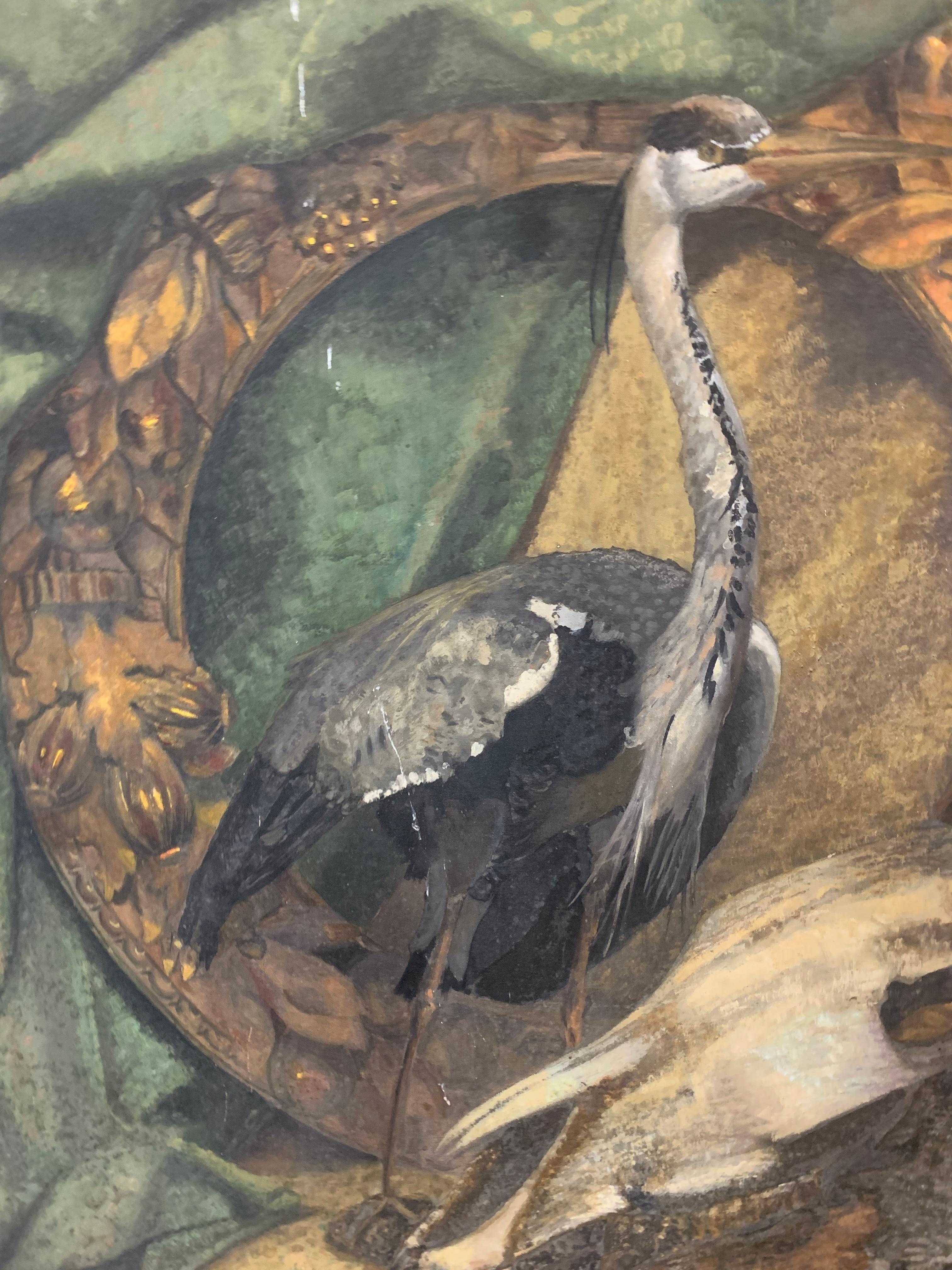 Memento mori, memento vive: Garland with Heron and skull.

Technique: tempera on canvas.
Signed below: G. Borgogelli-Ottaviani, probably refers to the Italian aristocratic family, with properties in the Marche region, to which the painting
