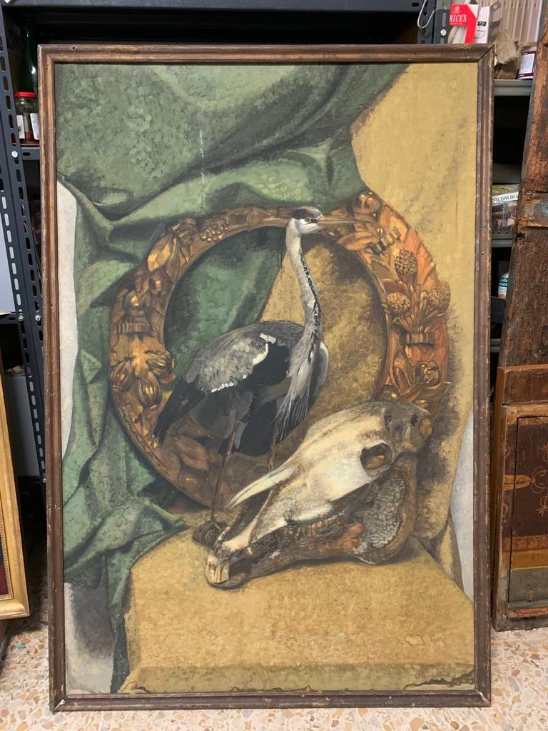 Memento mori, memento vive: Guirnalda con Garza y calavera. - Animal Painting Brown de Unknown