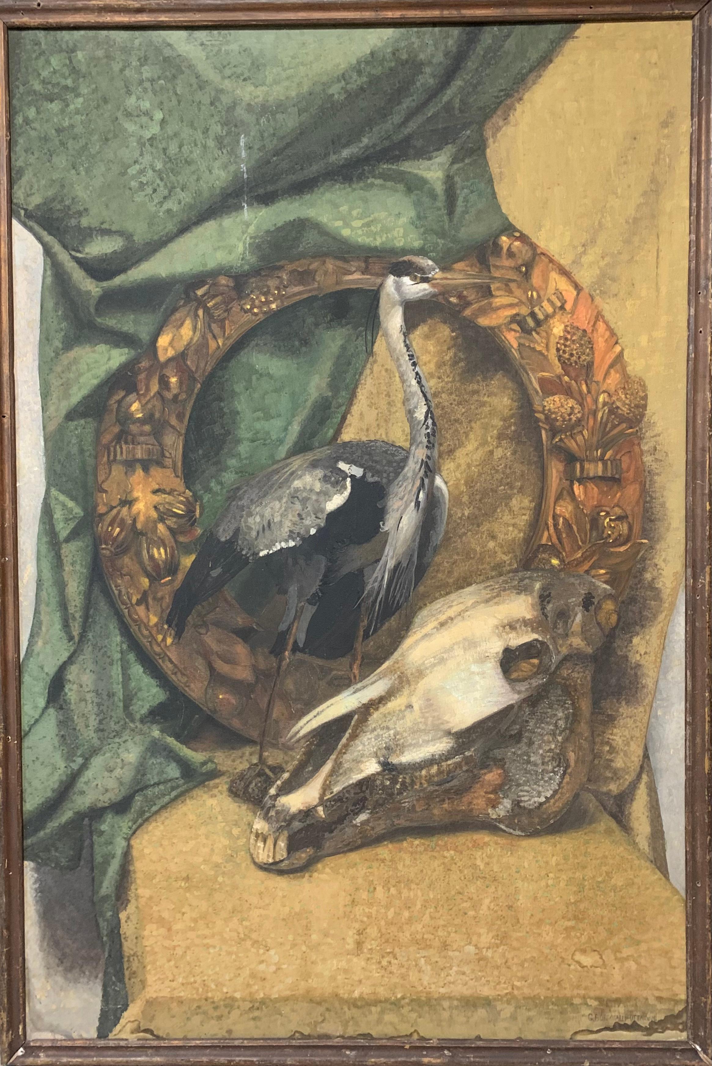 Unknown Animal Painting - Memento mori, memento vive: Garland with Heron and skull.