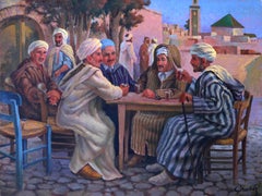 Men Talking at a Table, Volkskunst, Öl auf Leinwand, Gemälde von Jalal Gharbi