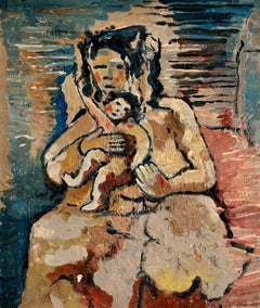 Mere et Bebe, Olio su tela Pittura figurativa antica con madre e bambino