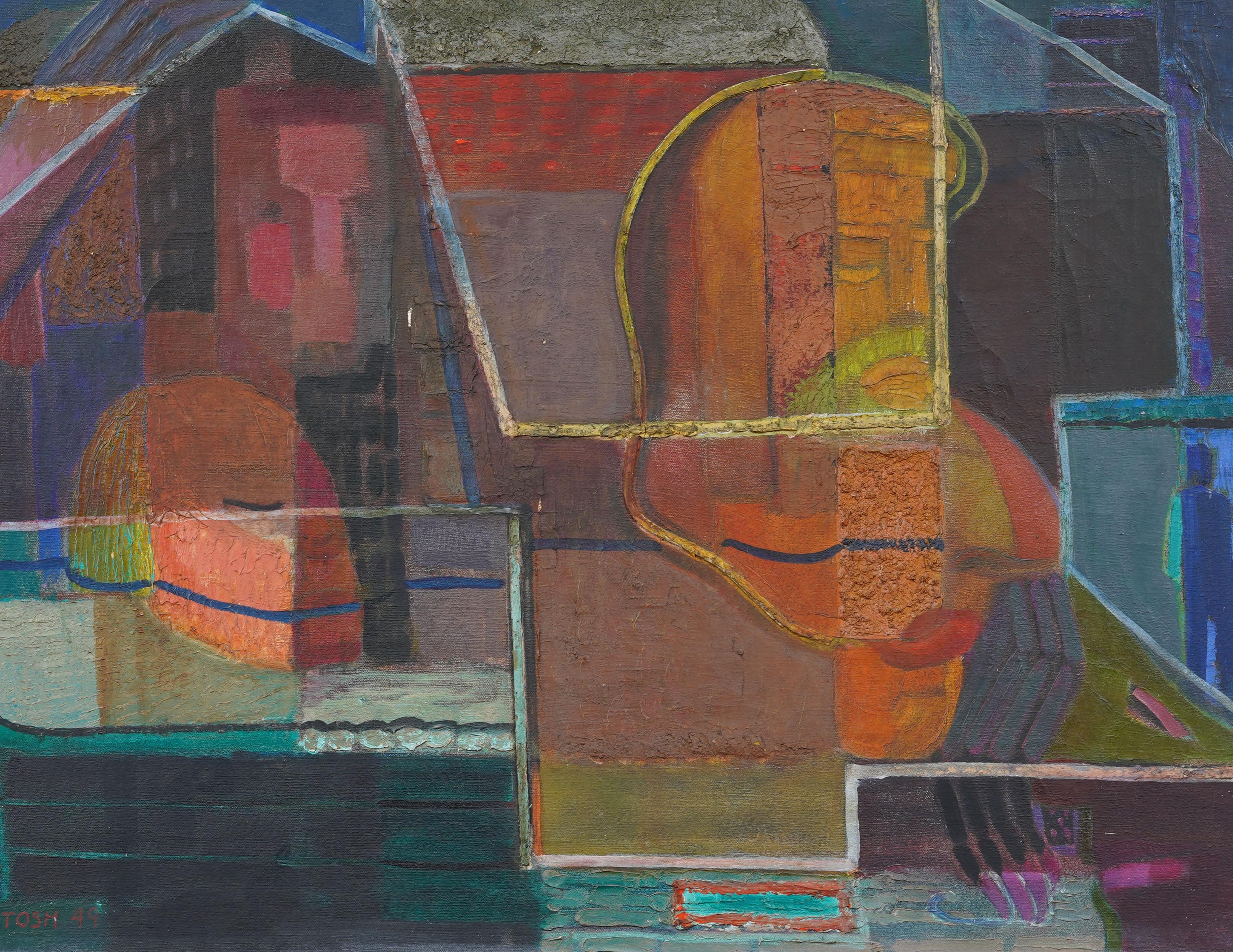 Antique American abstract cubist street scene oil painting. Oil on board. Framed. Signed.  Measuring: 31 by 42 inches overall, and 25 by 36 painting alone.  In excellent original condition. Handsomely framed in a  modernist wood molding.  Excellent
