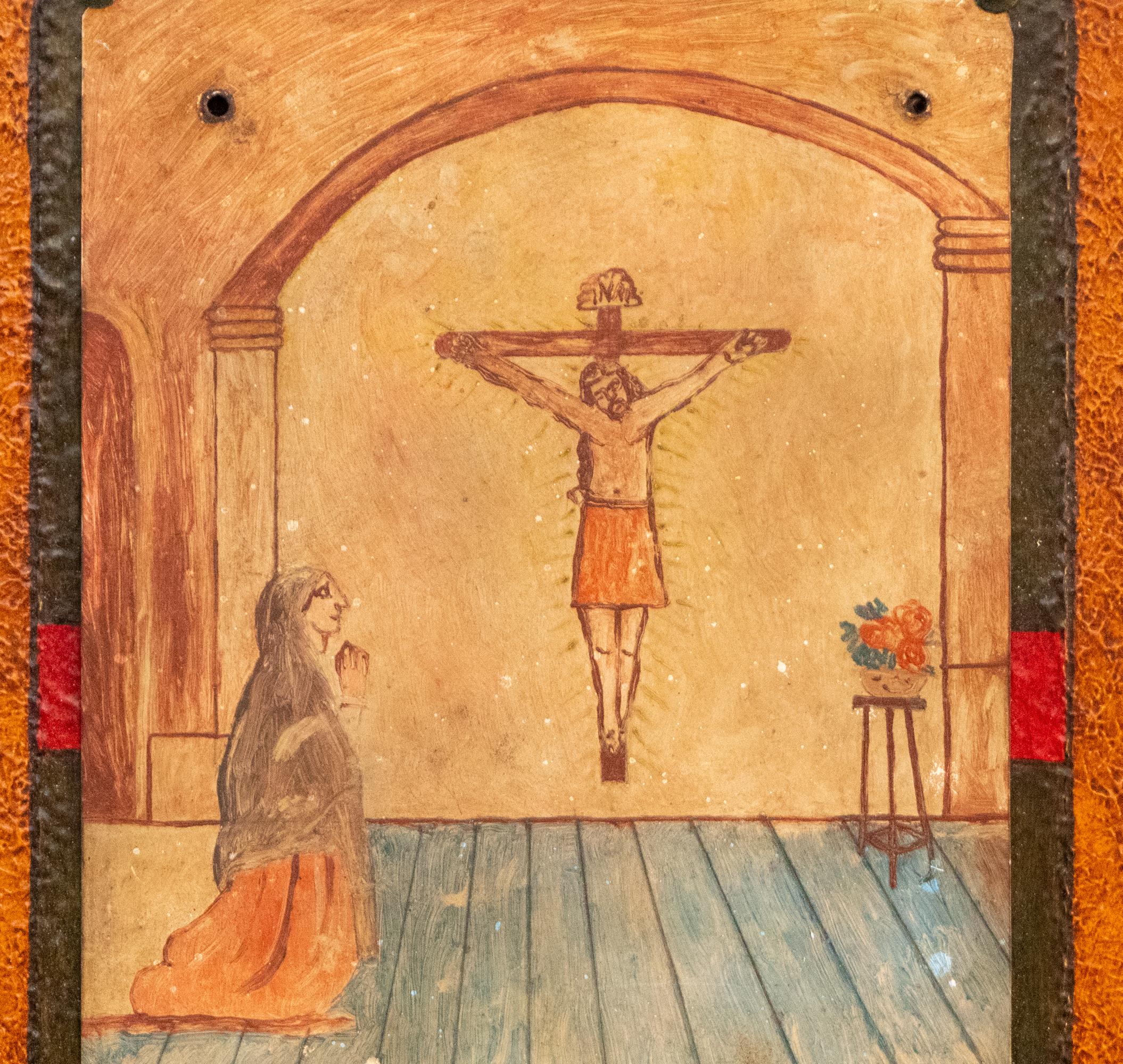 Ex Voto Retablo des années 1920 - Hommage d'art populaire pour le salut et la protection d'un frère - Artisanat Painting par Unknown