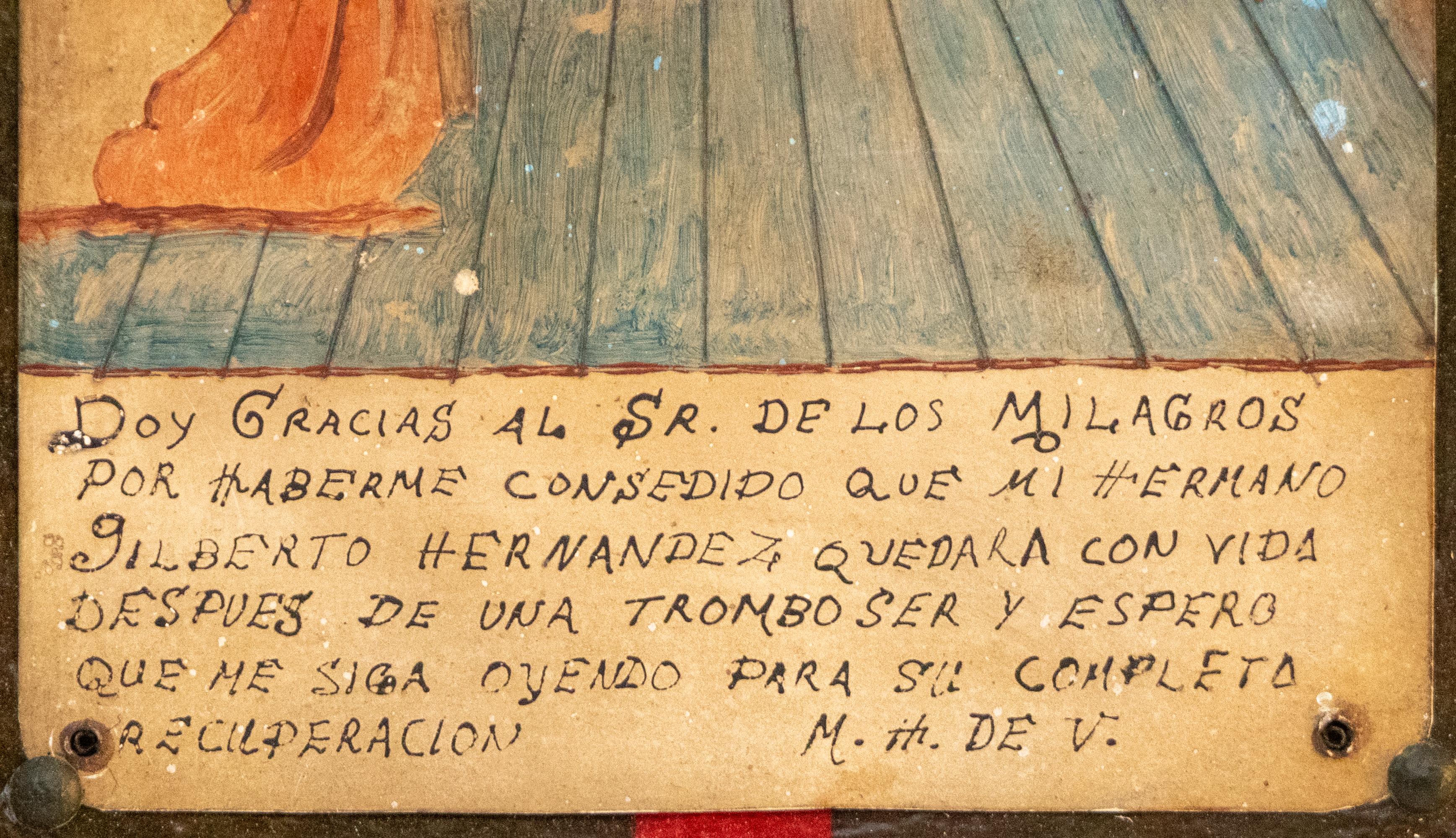 Ex Voto Retablo des années 1920 - Hommage d'art populaire pour le salut et la protection d'un frère - Marron Interior Painting par Unknown