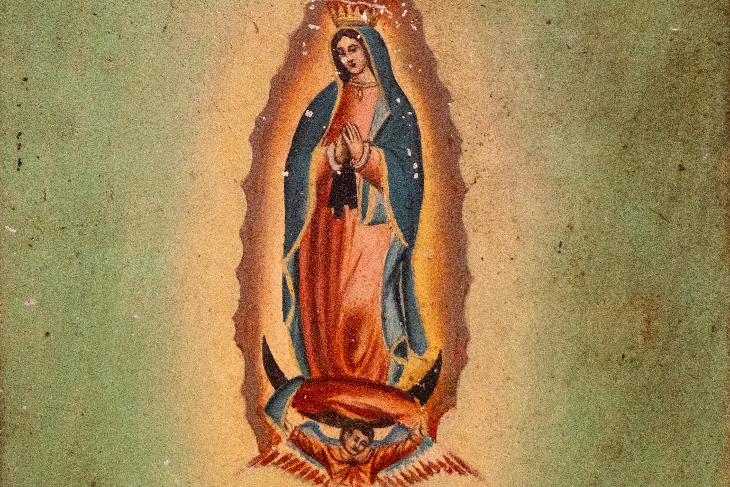 Ex Voto Holy Tribute for the Healing of a Son, Tinte und Farbe Metallretablo, 1940er Jahre (Braun), Figurative Painting, von Unknown