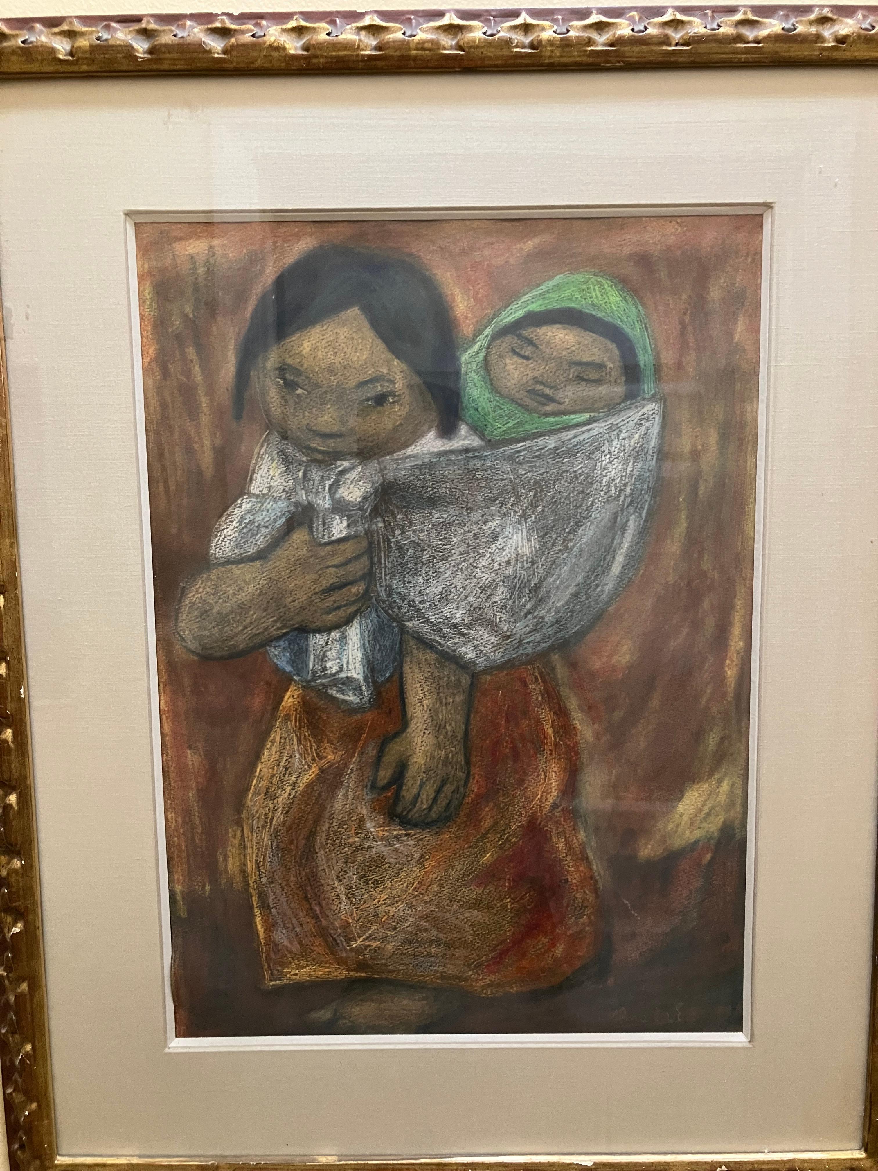 Unknown Figurative Painting – Mexikanische Schule Mutter und Kind