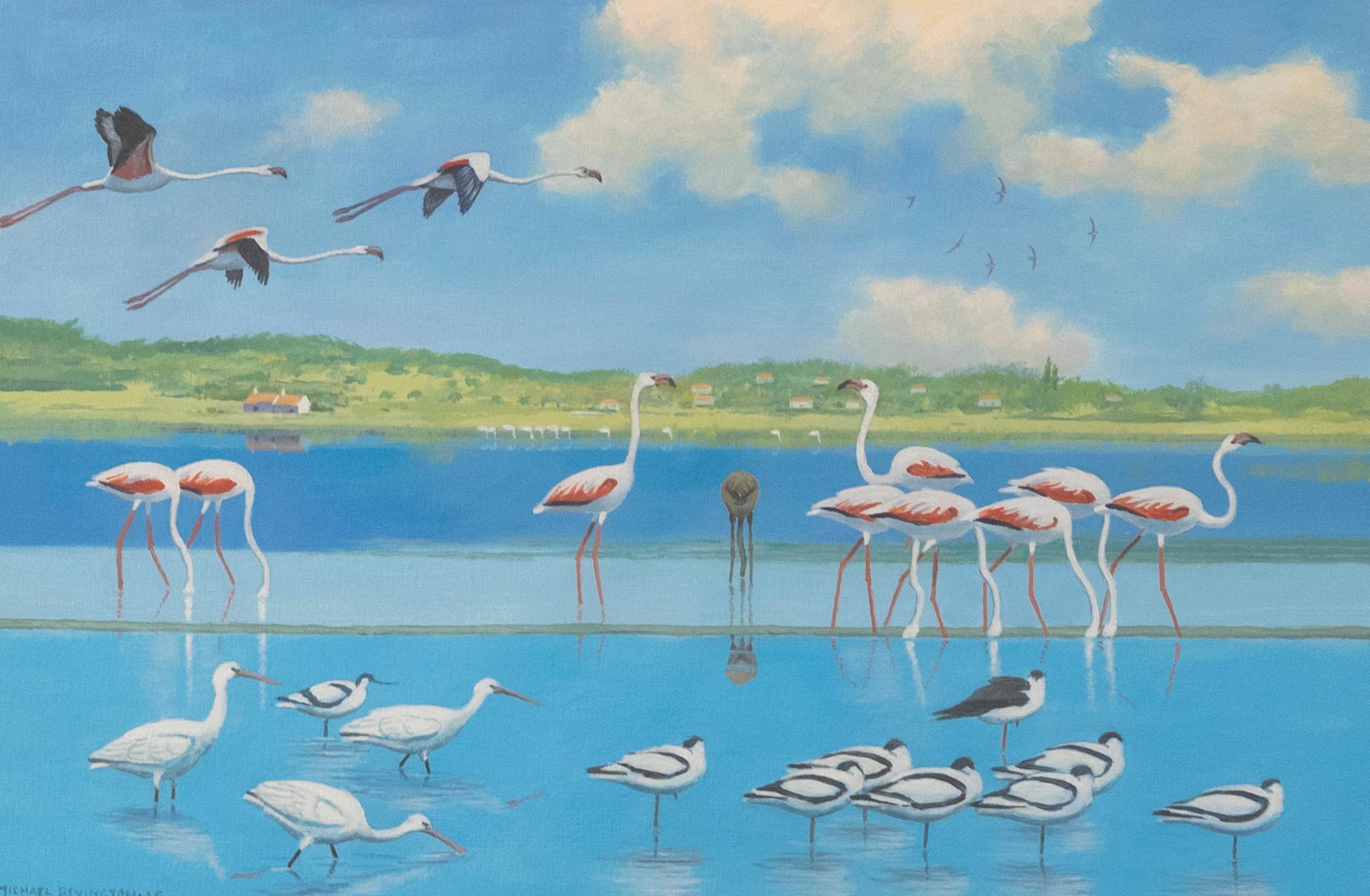 Michael Benington - Framed Contemporary Oil, High Noon-Flamingos - Painting by Unknown