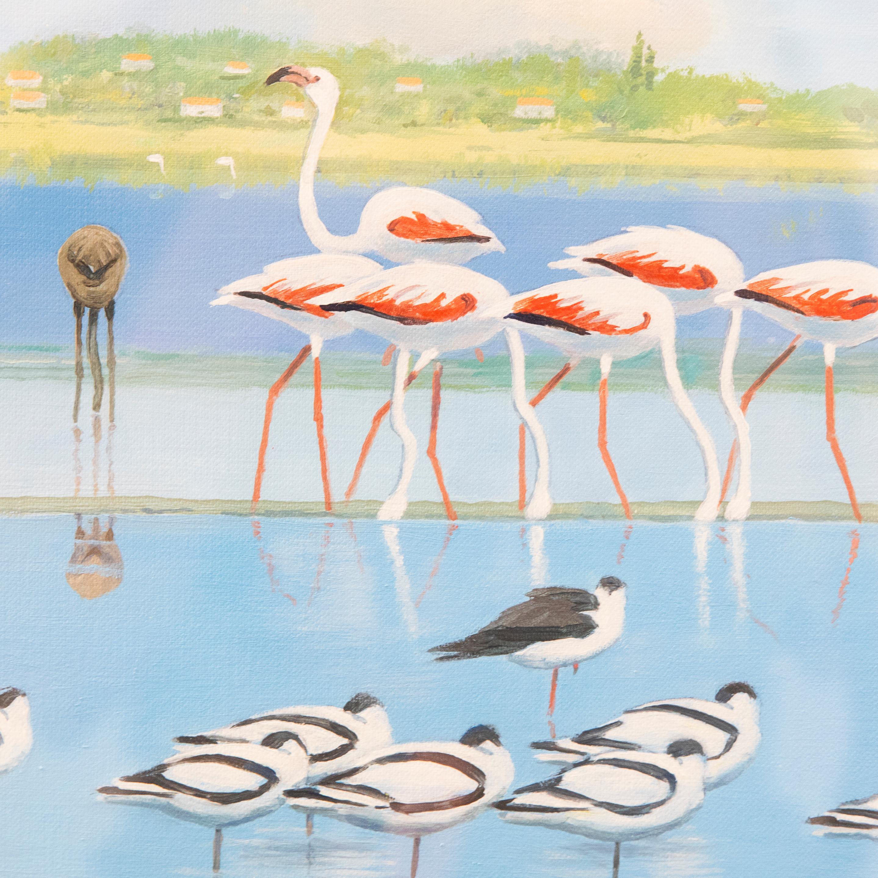 Michael Benington - Framed Contemporary Oil, High Noon-Flamingos For Sale 1