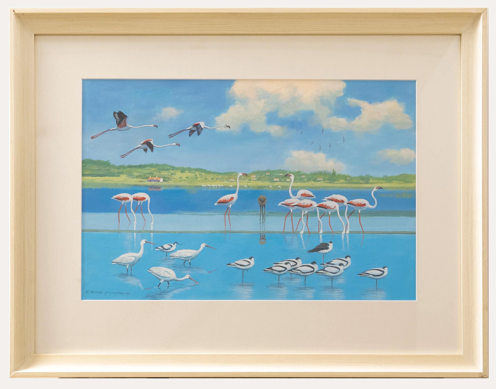 Unknown Animal Painting - Michael Benington - Framed Contemporary Oil, High Noon-Flamingos