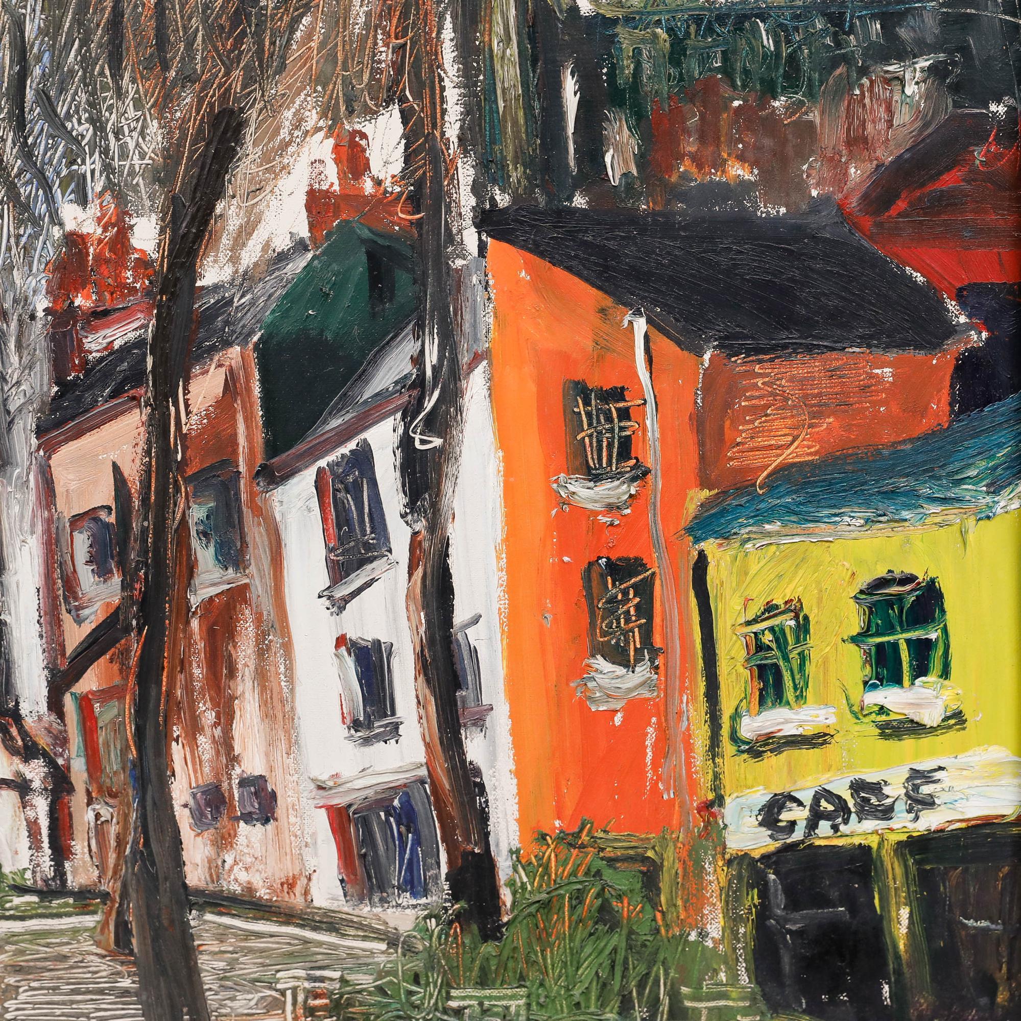 Eine ausdrucksstarke Ölstudie des Künstlers Michael Osterweil (geb. 1932), die einen farbenfrohen Stadtplatz darstellt. Der Künstler setzt Impasto und Sgraffito ein, um eine reiche Textur zu erzielen, die die Energie der Szene einfängt. Signiert und