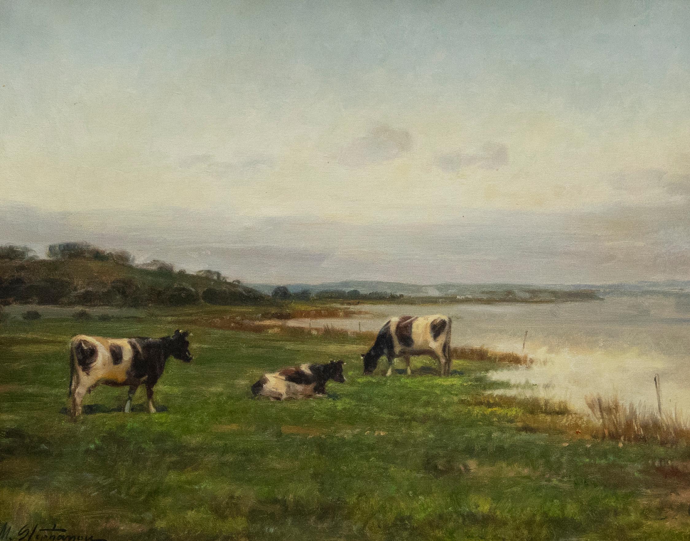 Michael Stephanou (b.1937)- Framed 20th Century Oil, Cattle Grazing by a River - Painting by Unknown