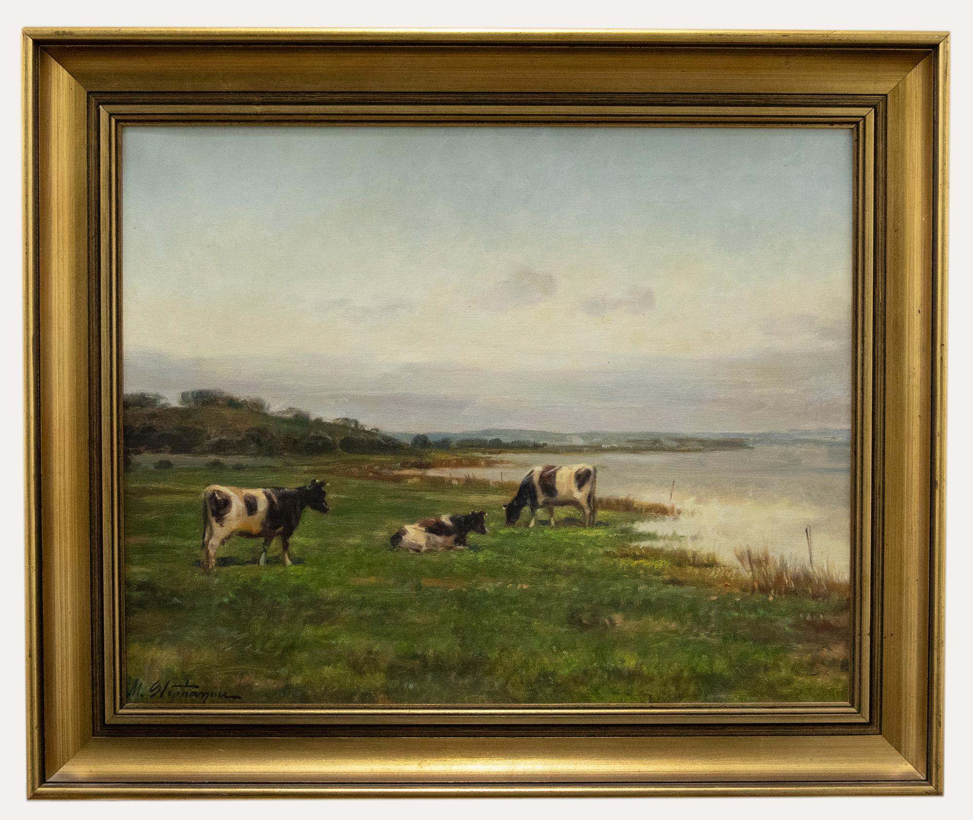 Unknown Landscape Painting - Michael Stephanou (b.1937)- Framed 20th Century Oil, Cattle Grazing by a River