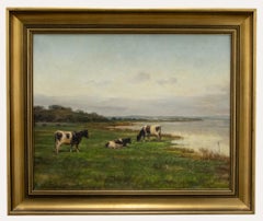 Vintage Michael Stephanou (b.1937)- Framed 20th Century Oil, Cattle Grazing by a River
