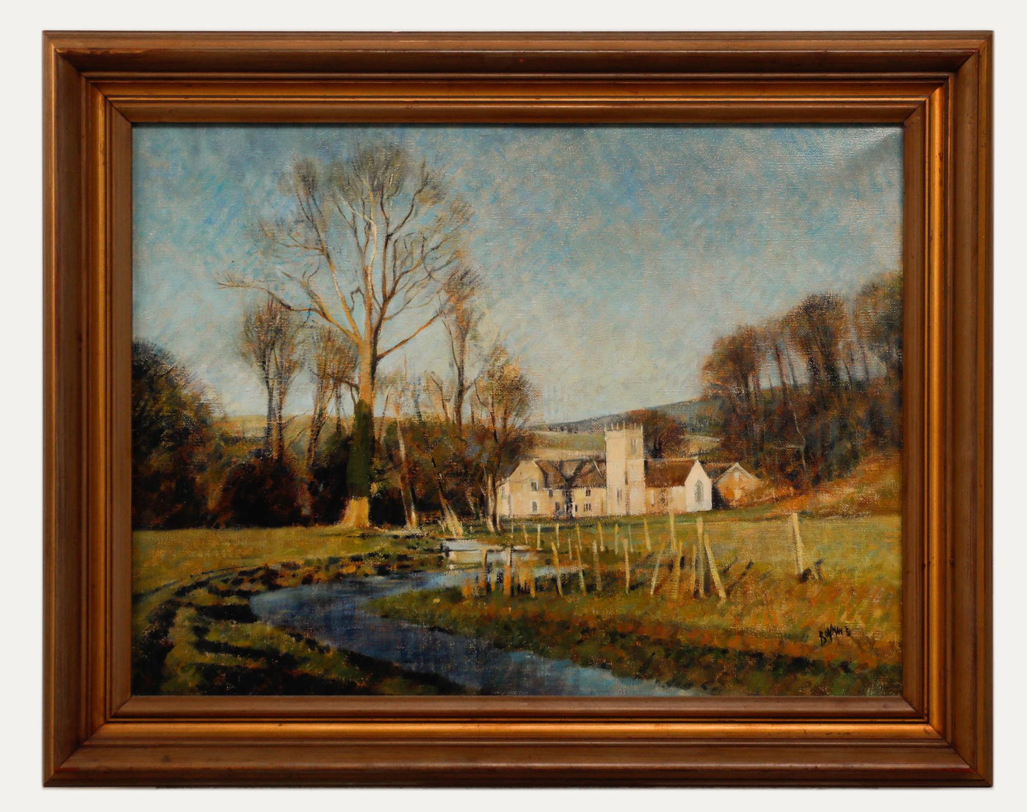 Unknown Landscape Painting – Michel Bowman - 1981 Öl, Nether Cerne Church