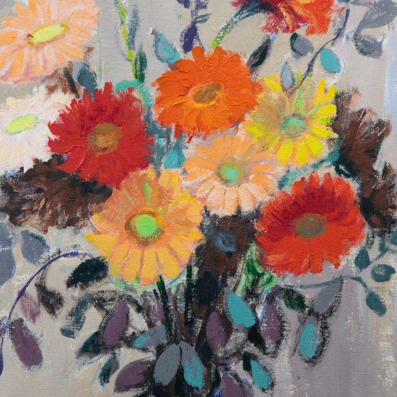 A statement still life of gerberas flowers, effortlessly arranged in a pretty blue and white vase. The artist has painted each flower in a playful impressionistic style with expressive brushwork. Signed Kritz to the lower right with a historic