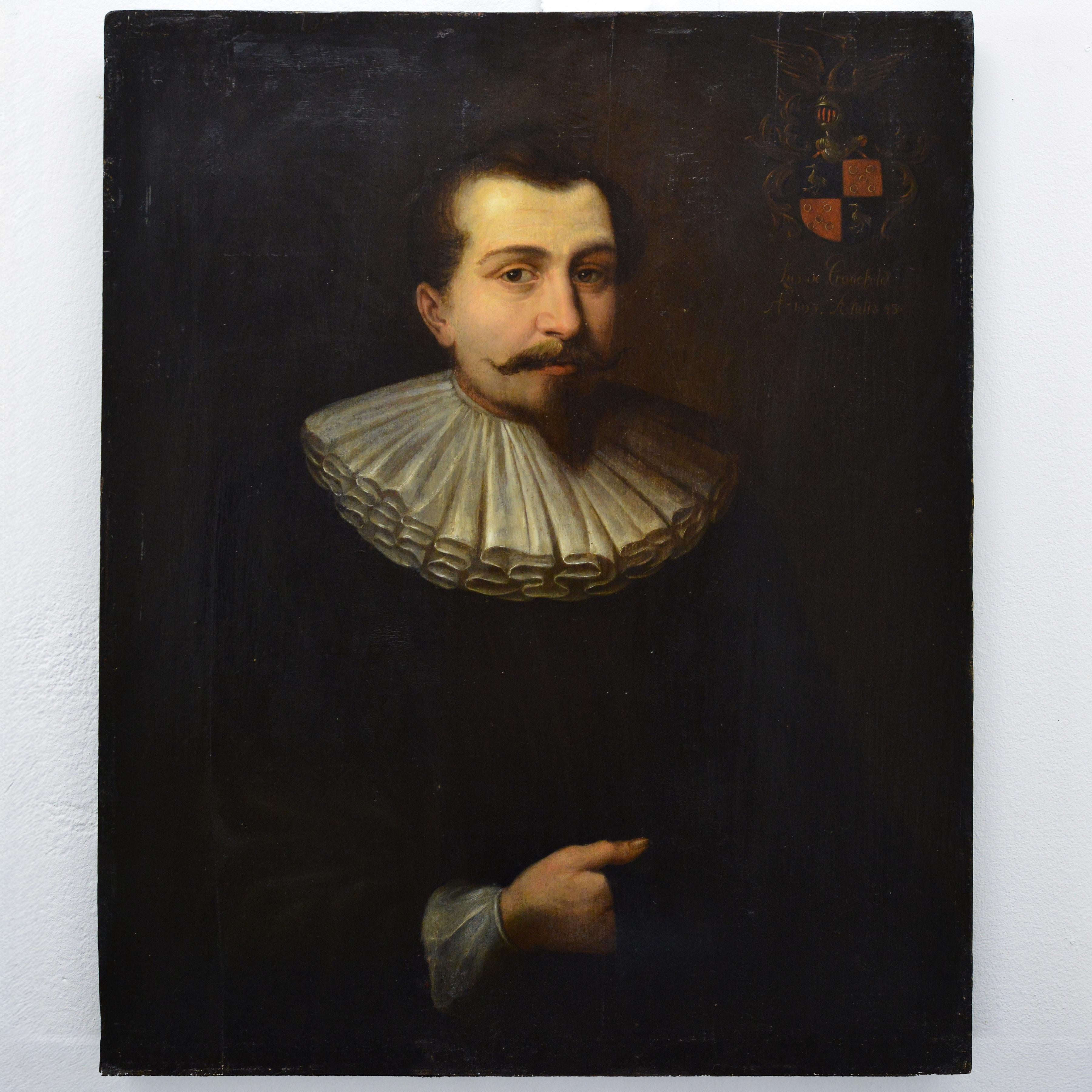 Peinture à l'huile baroque sur panneau du milieu du XVIIe siècle Portrait d'un noble de Cranefeld - Painting de Unknown