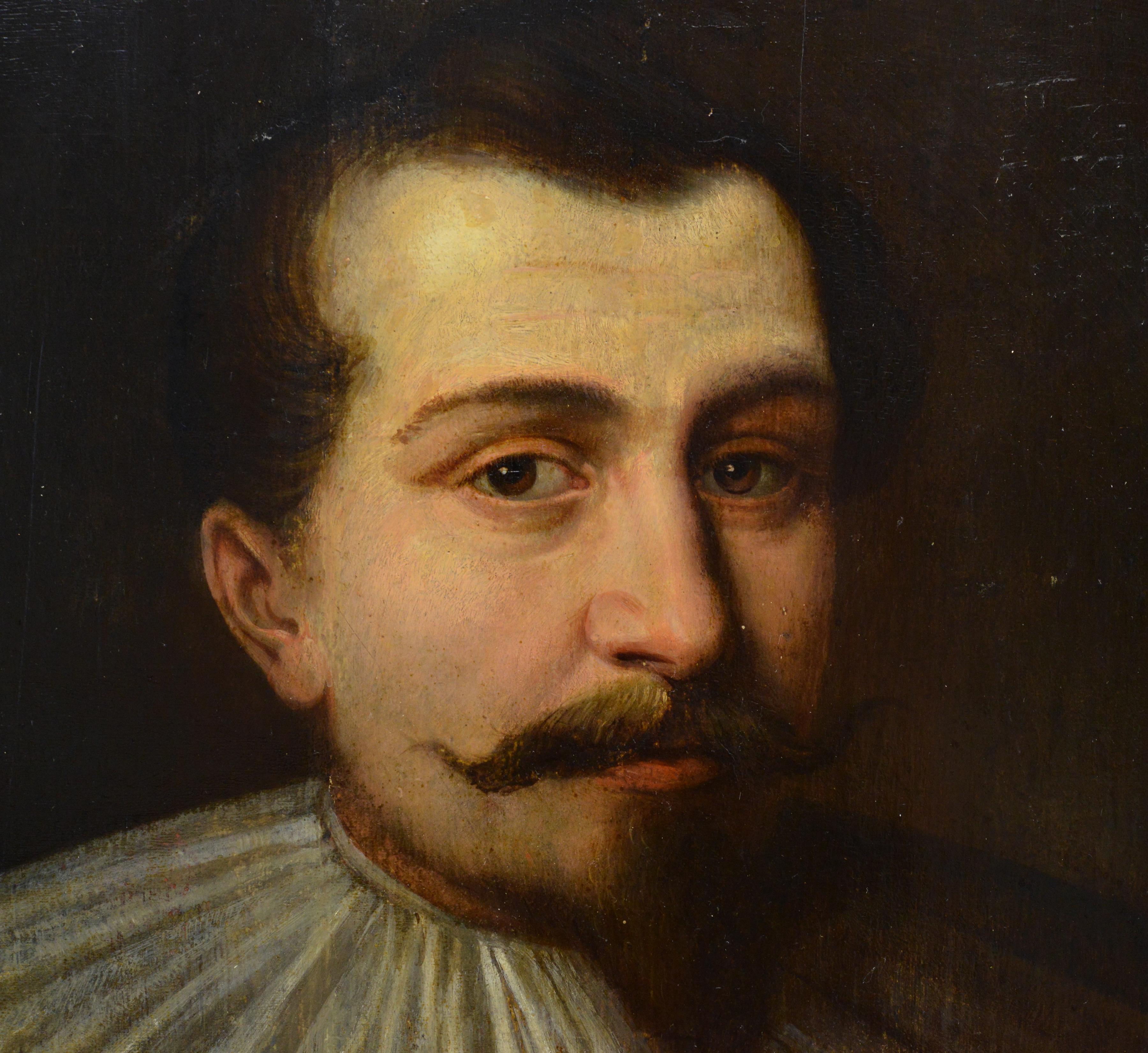 Peinture à l'huile baroque sur panneau du milieu du XVIIe siècle Portrait d'un noble de Cranefeld - Noir Portrait Painting par Unknown