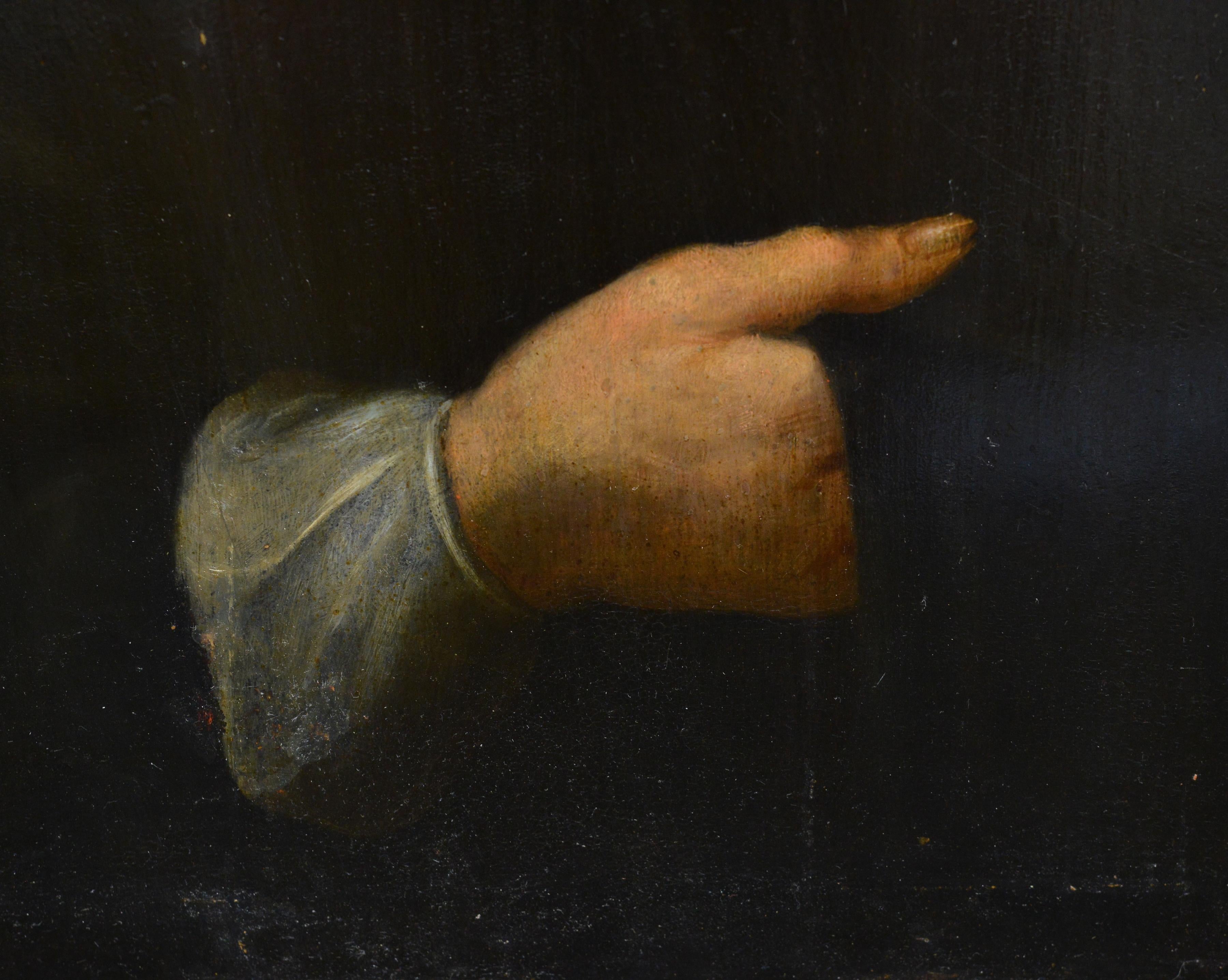 Découvrez l'élégance de l'art du milieu du XVIIe siècle avec ce superbe portrait d'un noble, réalisé en 1653. Le tableau représente un homme aux moustaches expressives et à la barbichette, vêtu d'une tenue d'époque et d'un collier à collerette. Les