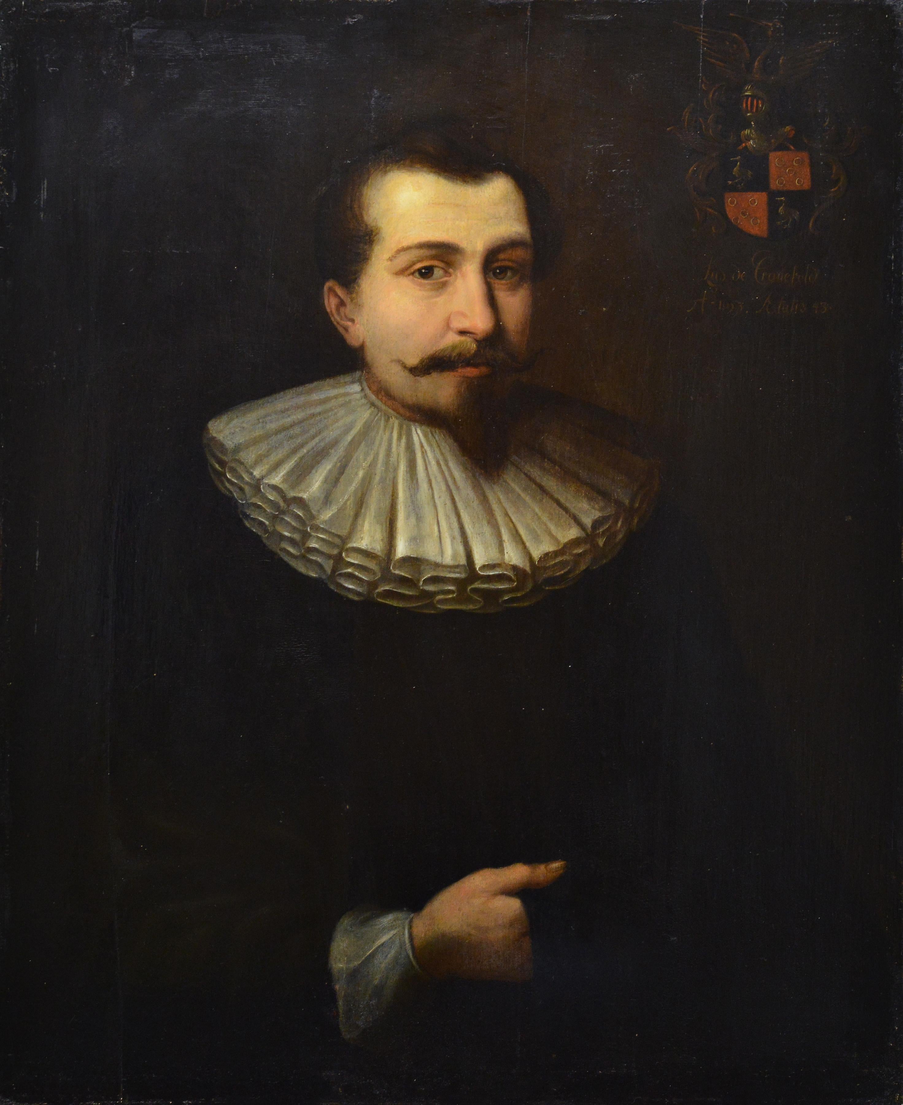 Mid 17th Century Baroque Oil Painting on Panel Portrait of Nobleman de Cranefeld