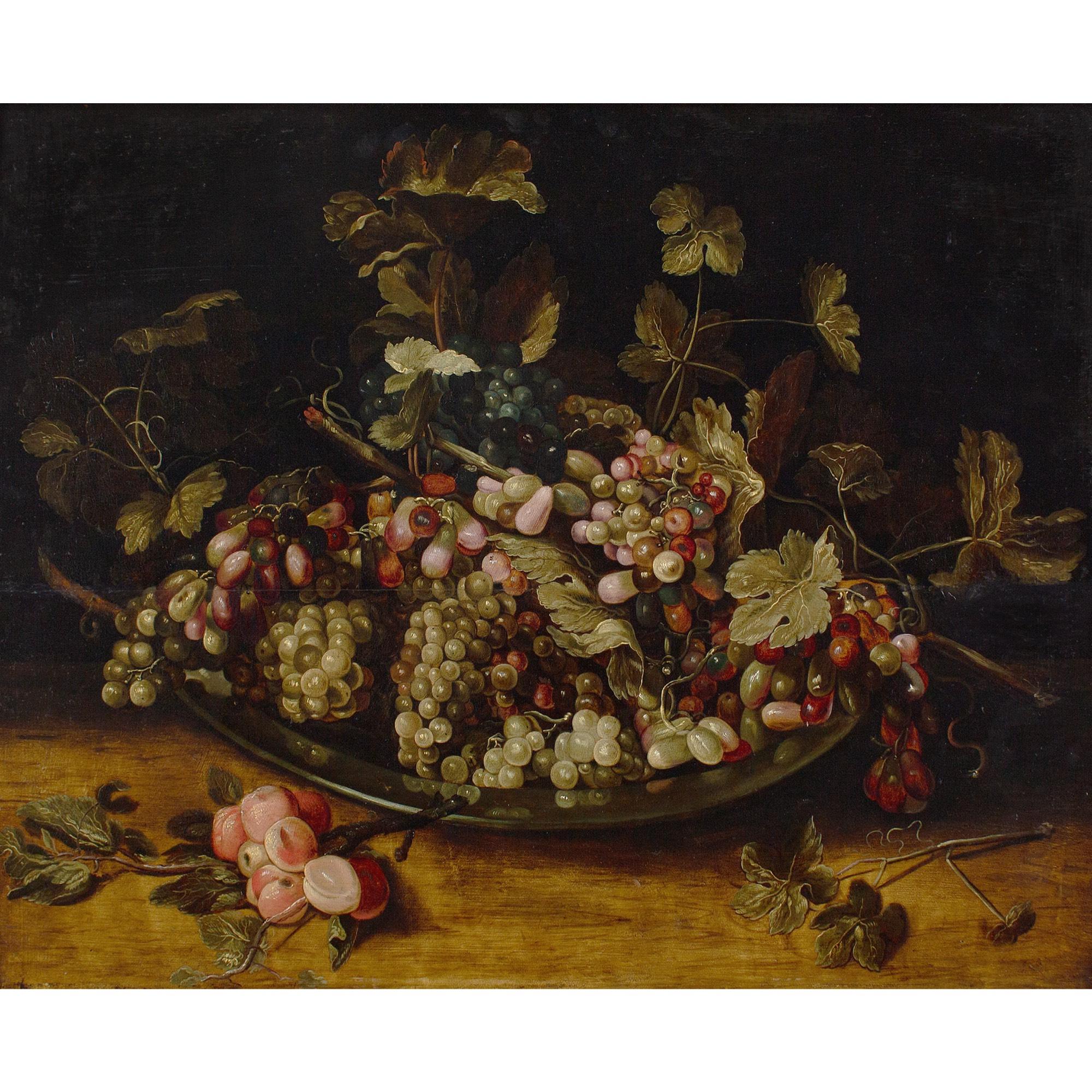 Flämische Schule, Mitte des 17. Jahrhunderts, Stilleben mit Trauben und Blättern auf einem Teller – Painting von Unknown