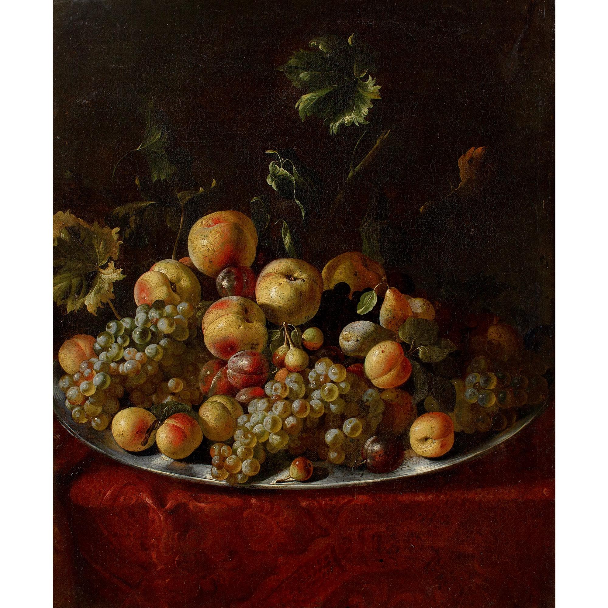 Neapolitanische Schule aus der Mitte des 17. Jahrhunderts, Stillleben mit Trauben, Pfirsichen und Pflaumen – Painting von Unknown