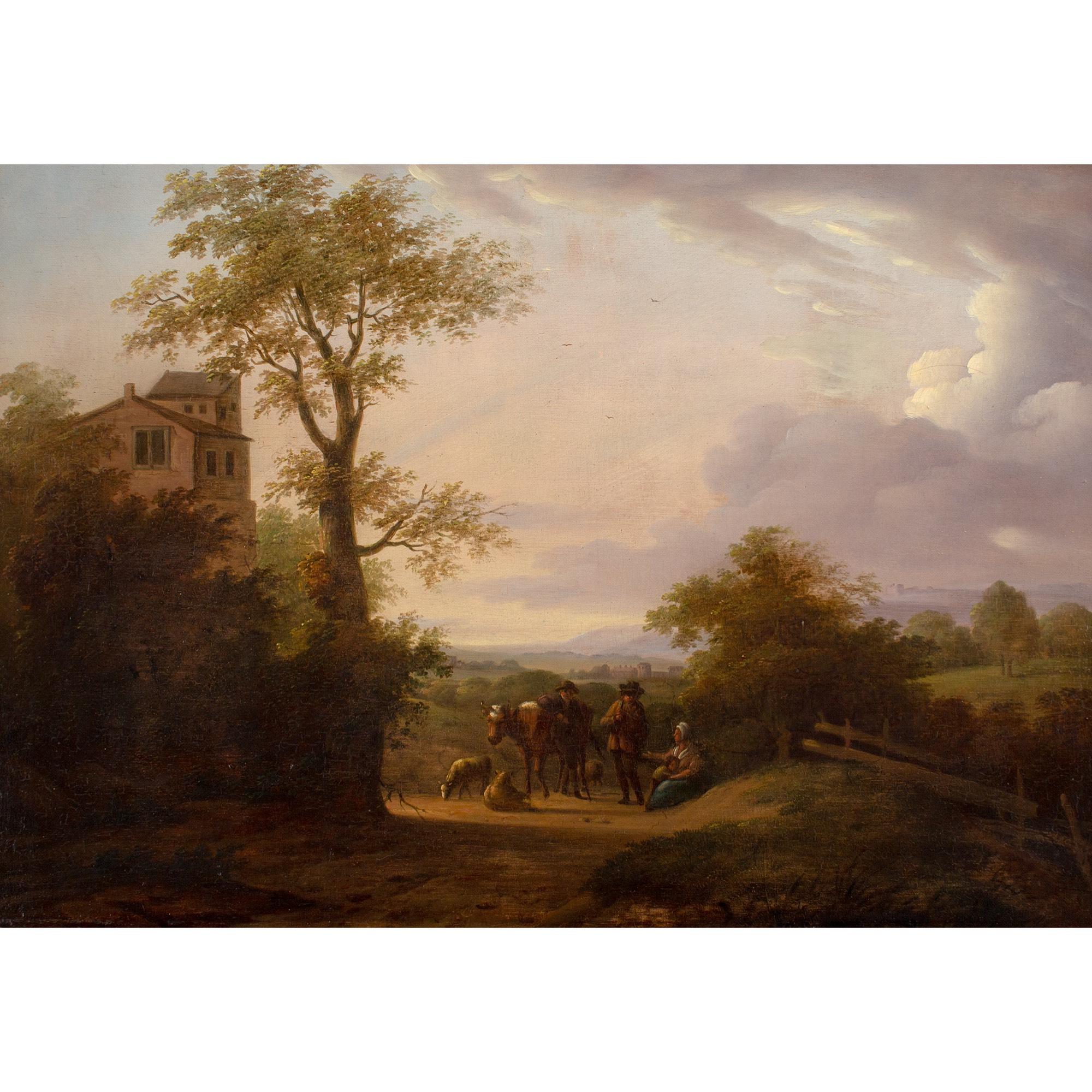 Paysage d'école hollandaise du milieu du XVIIIe siècle avec voyageurs, vue lointaine et bâtiment - Painting de Unknown