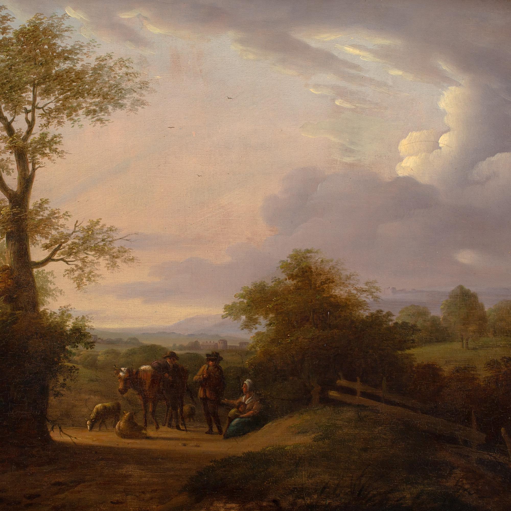 Cette splendide peinture de paysage hollandaise du milieu du XVIIIe siècle représente une vue avec des voyageurs devant de lointaines collines ondulantes.

Dans les longues ombres du début de soirée, un groupe de voyageurs se repose près d'une