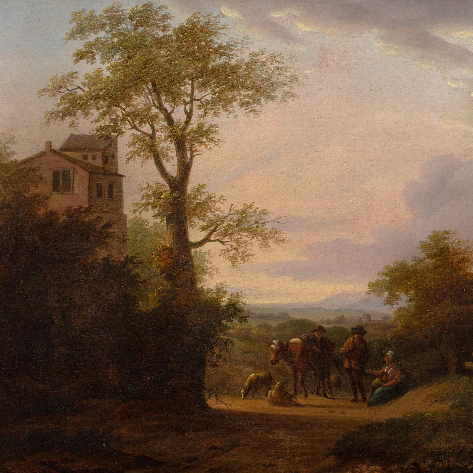 Paysage d'école hollandaise du milieu du XVIIIe siècle avec voyageurs, vue lointaine et bâtiment en vente 1