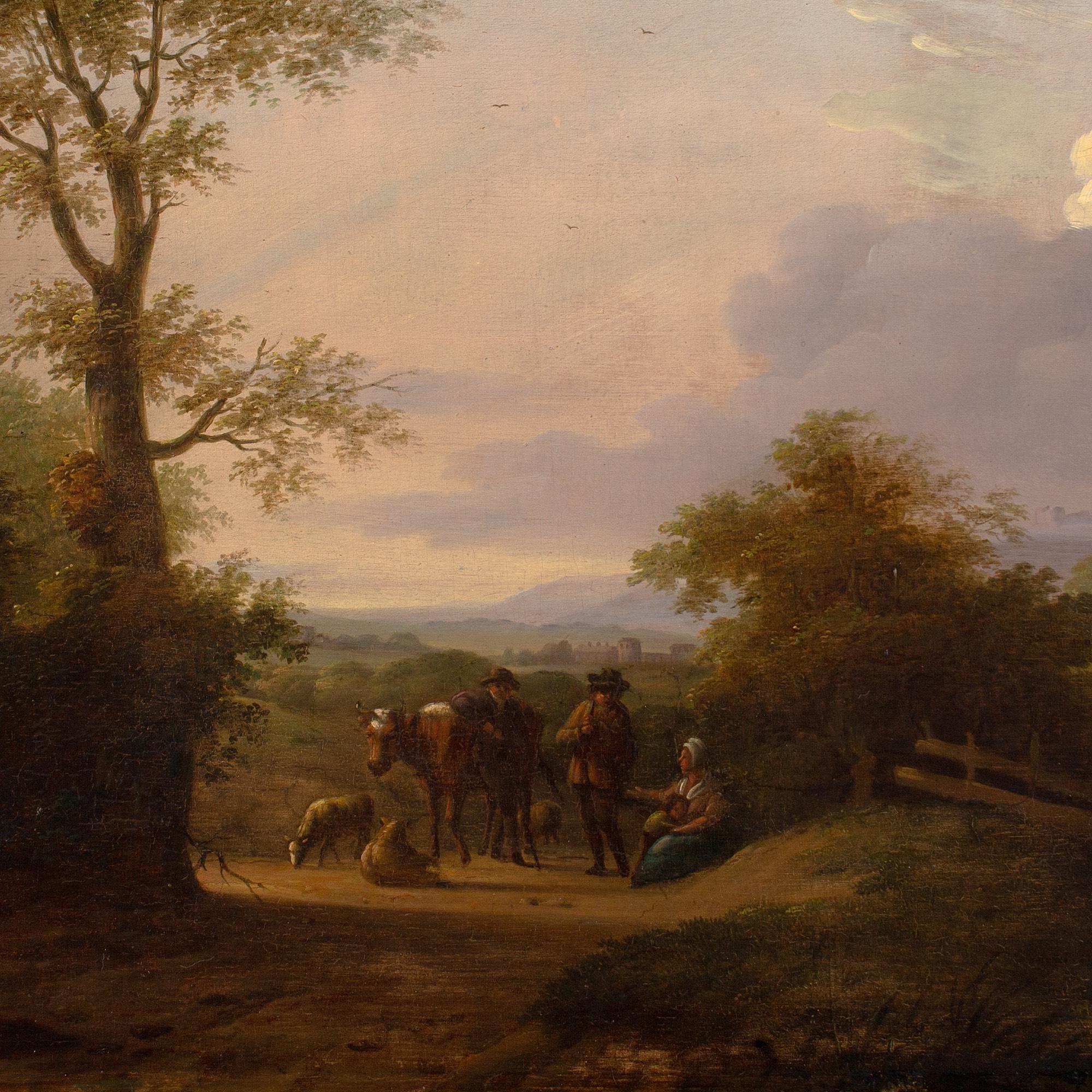 Paysage d'école hollandaise du milieu du XVIIIe siècle avec voyageurs, vue lointaine et bâtiment en vente 2