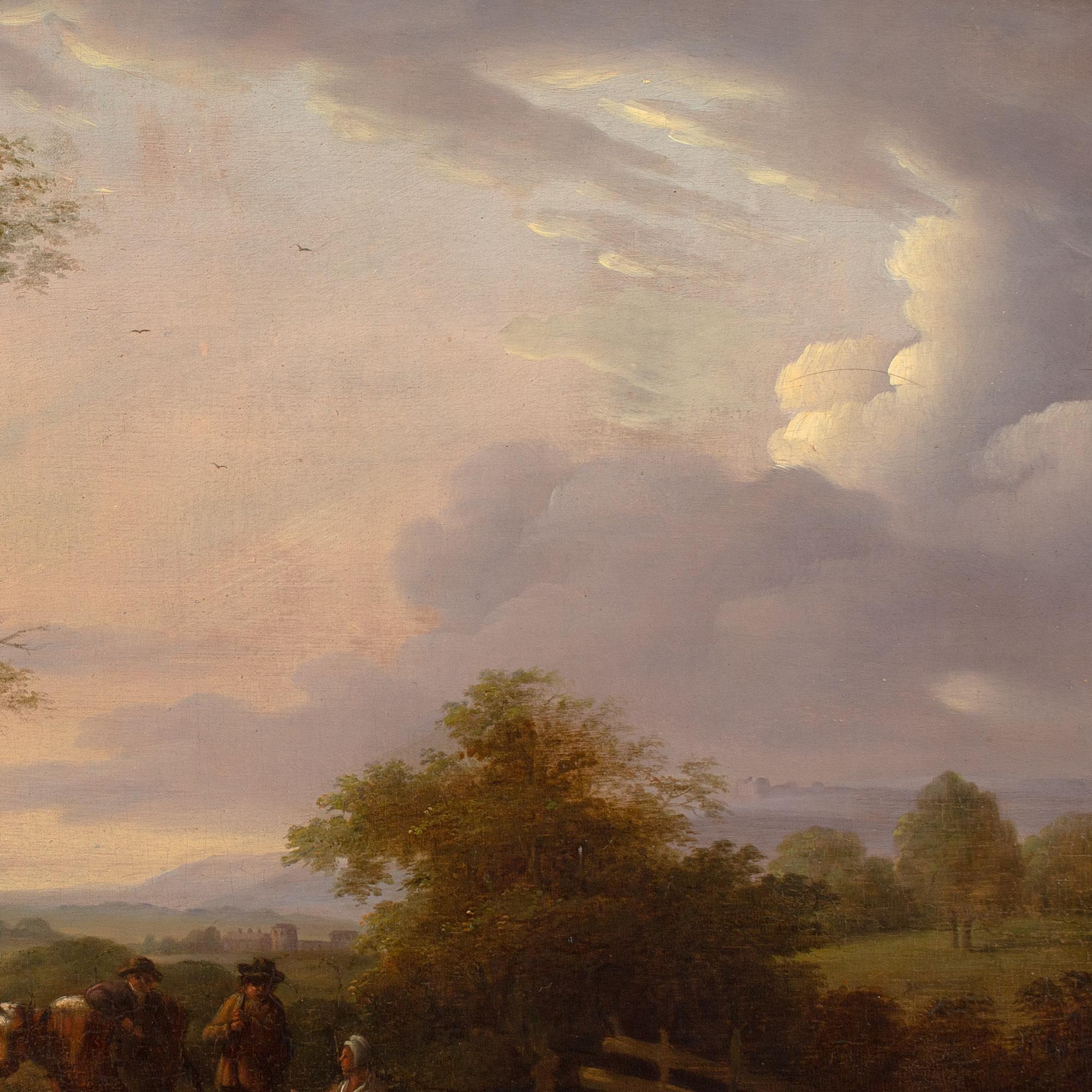 Paysage d'école hollandaise du milieu du XVIIIe siècle avec voyageurs, vue lointaine et bâtiment en vente 3