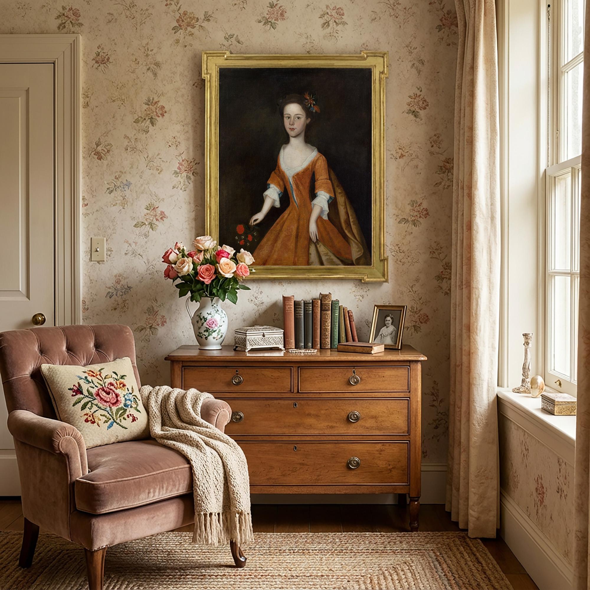 Milieu du XVIIIe siècle, English School, portrait d'une jeune fille avec un bouquet de fleurs - Painting de Unknown