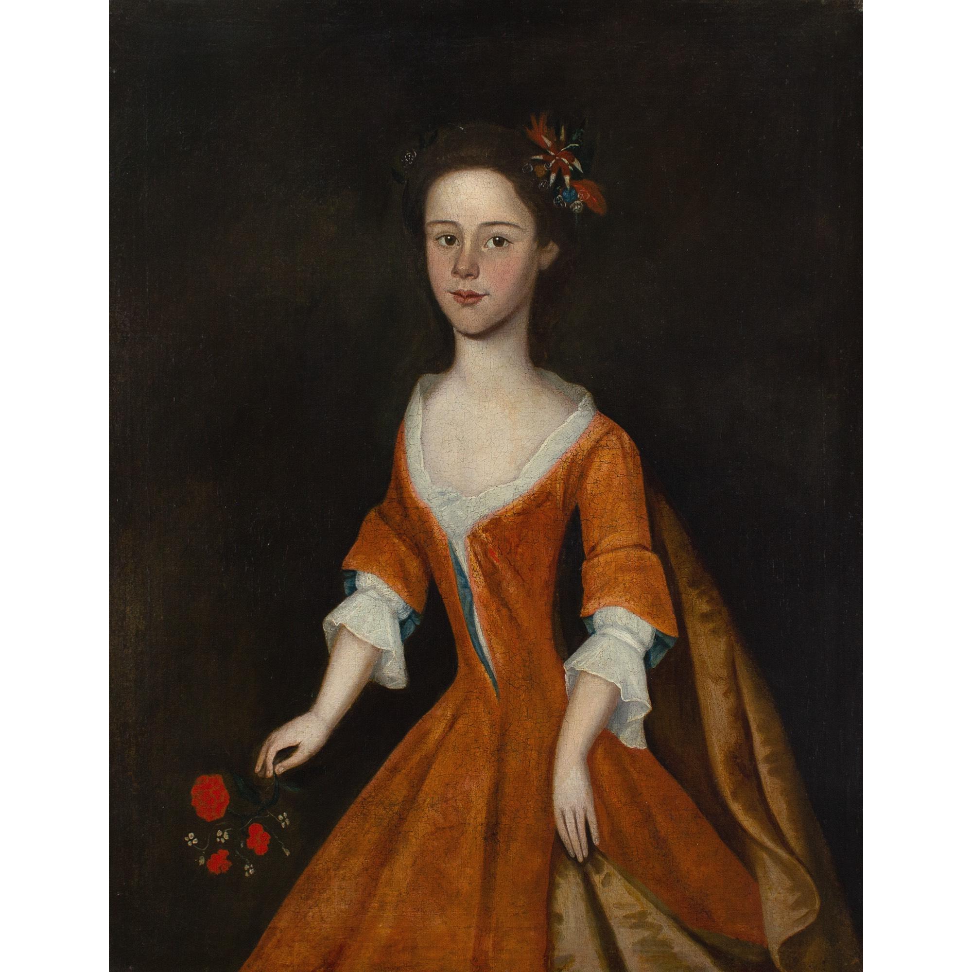 Englische School aus der Mitte des 18. Jahrhunderts, Porträt eines Mädchens mit einem Blumenstrauß – Painting von Unknown