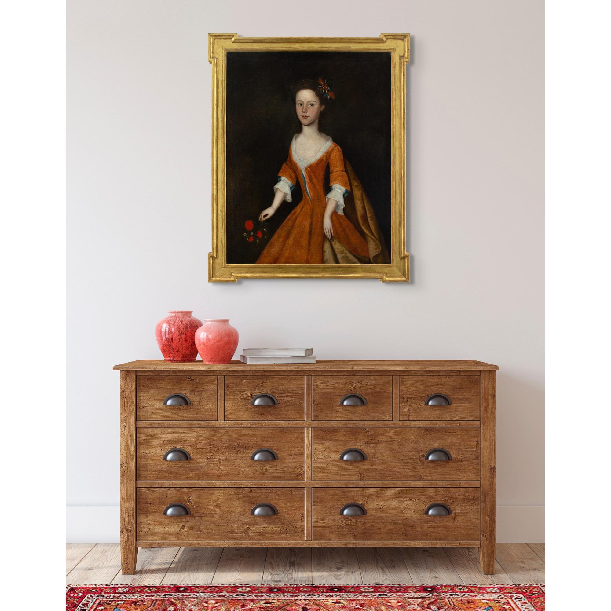 Englische School aus der Mitte des 18. Jahrhunderts, Porträt eines Mädchens mit einem Blumenstrauß (Schwarz), Portrait Painting, von Unknown