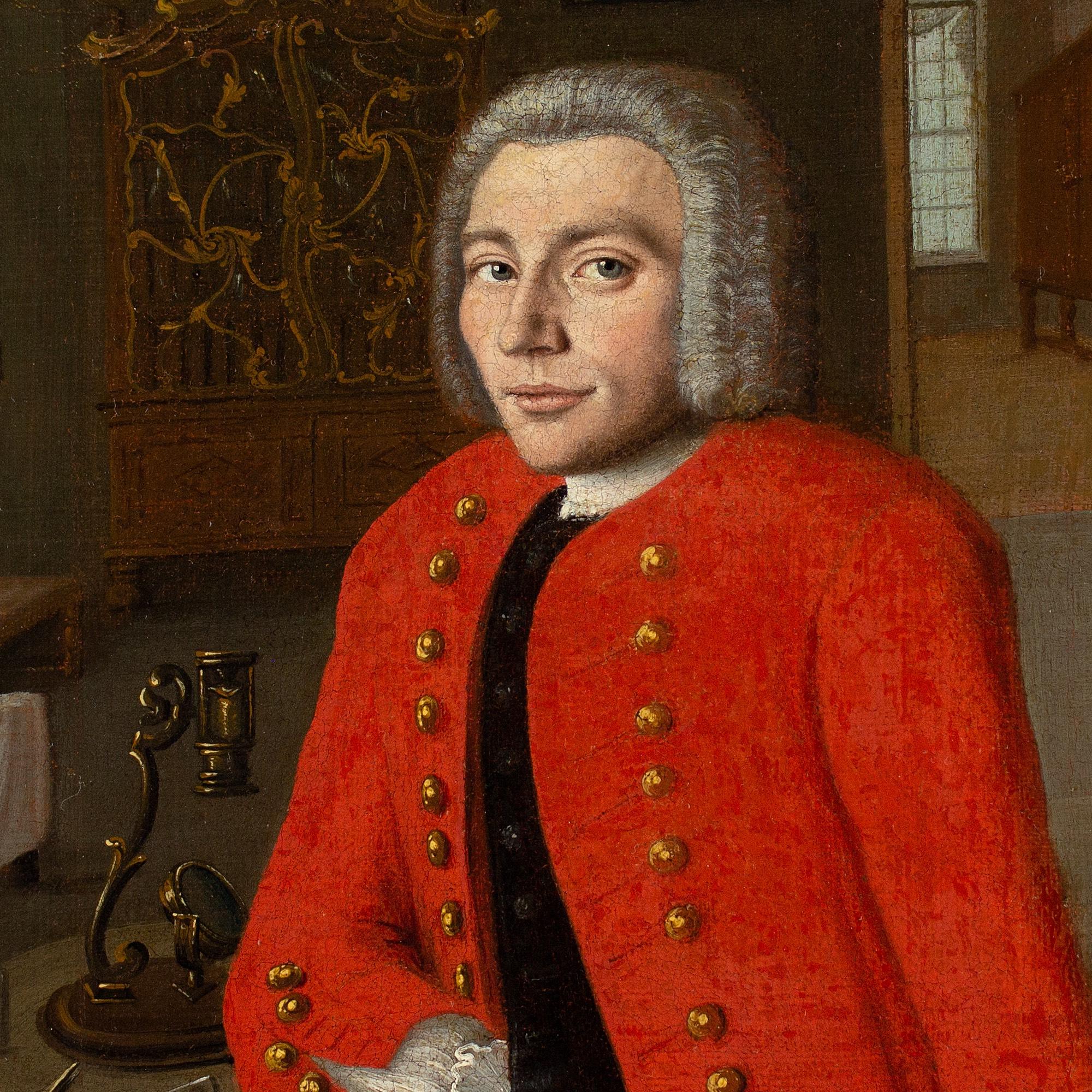 Este óleo francés de mediados del siglo XVIII representa a un caballero de mediana edad de pie en una habitación junto a un microscopio de lente montada Baker. Probablemente se trate del famoso naturalista inglés Henry Baker FRS