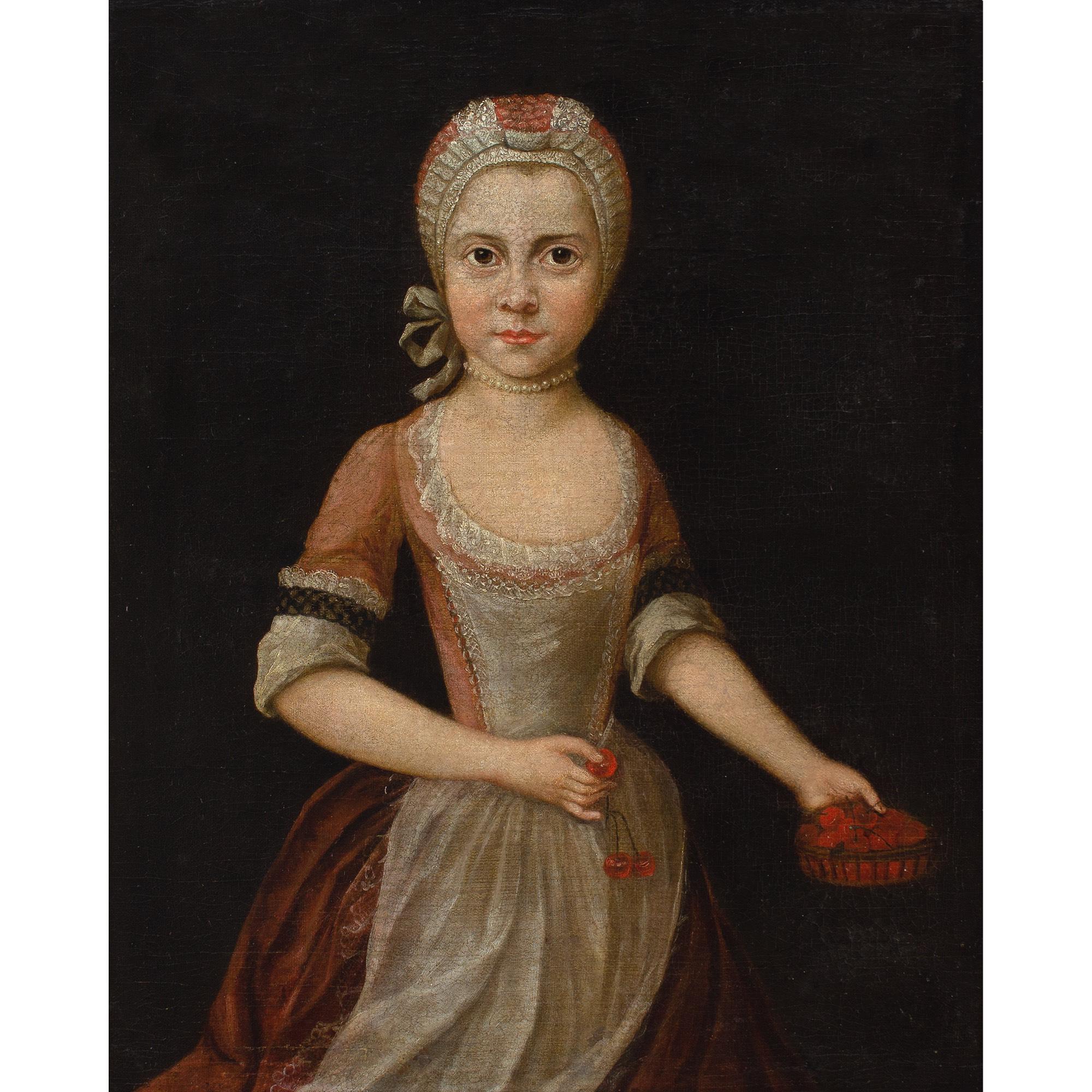 Mid-18th-Century German School, Portrait Of A Girl With A Cherry Basket - Painting by Unknown