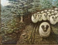 Olio su tela su tavola della metà del XIX secolo raffigurante "Pecore a passeggio" Firmato I. Hill