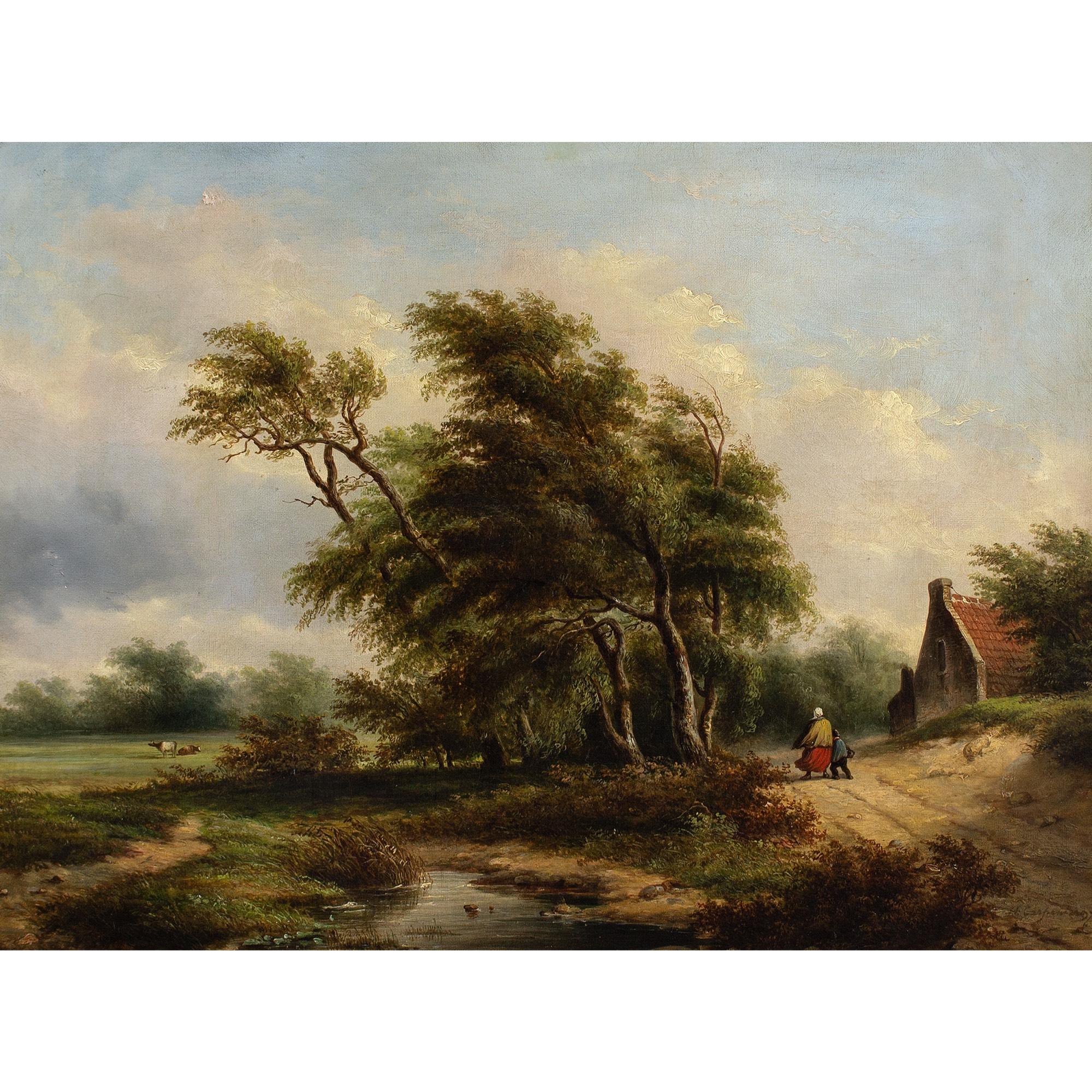 École belge du milieu du XIXe siècle, paysage balayé par le vent avec chalet - Painting de Unknown